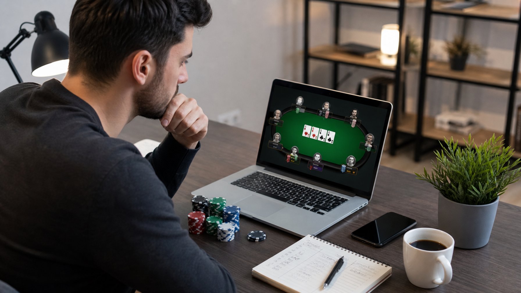Seorang dewasa muda duduk di meja dengan laptop yang menampilkan permainan poker online, dikelilingi tumpukan chip poker dan catatan keuangan, terlihat fokus dan serius.