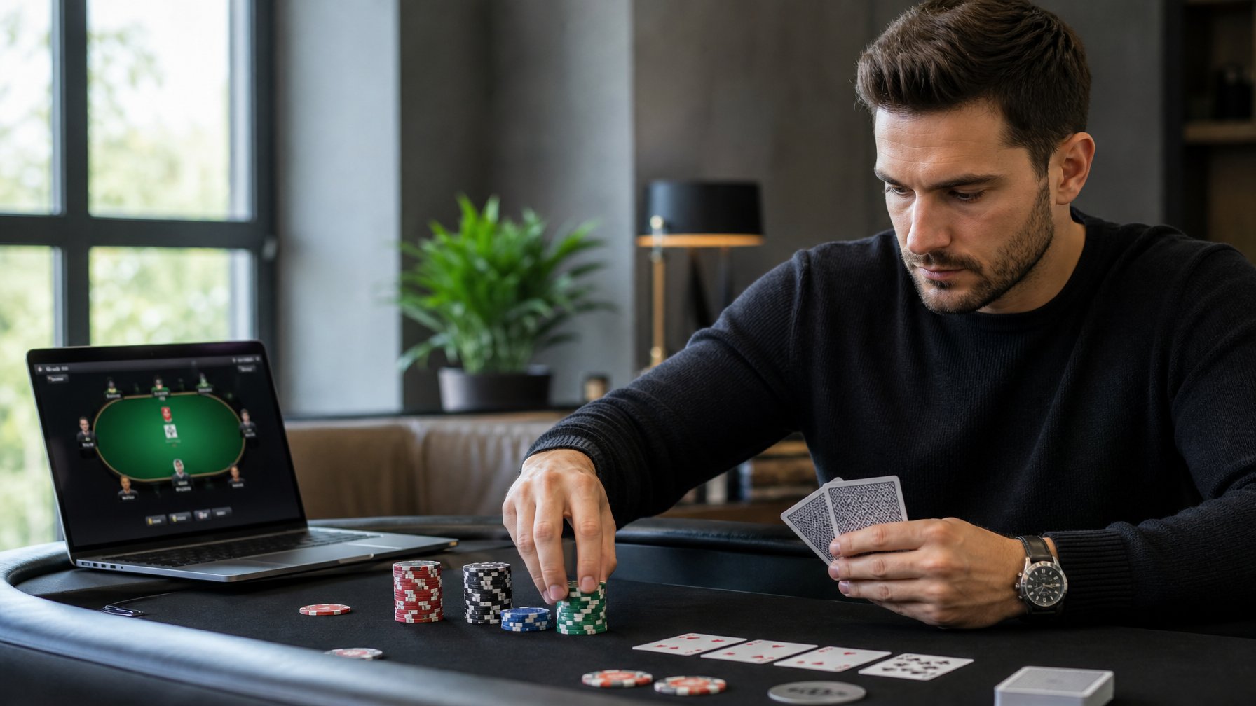 Seorang individu fokus duduk di meja poker modern dengan chip dan kartu, di depan layar perangkat yang menampilkan permainan poker online.