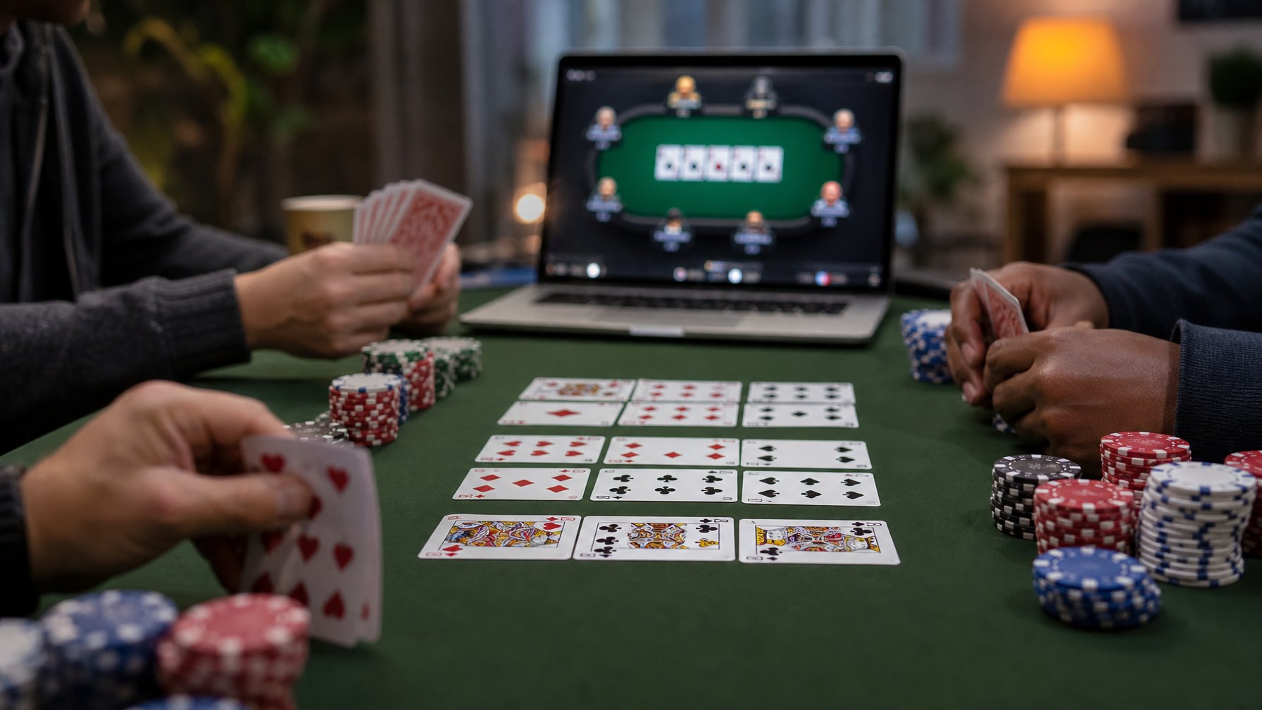 Meja poker dengan kartu dan chip, layar perangkat menampilkan permainan poker online, tangan pemain sedang memegang kartu dan menaruh chip.