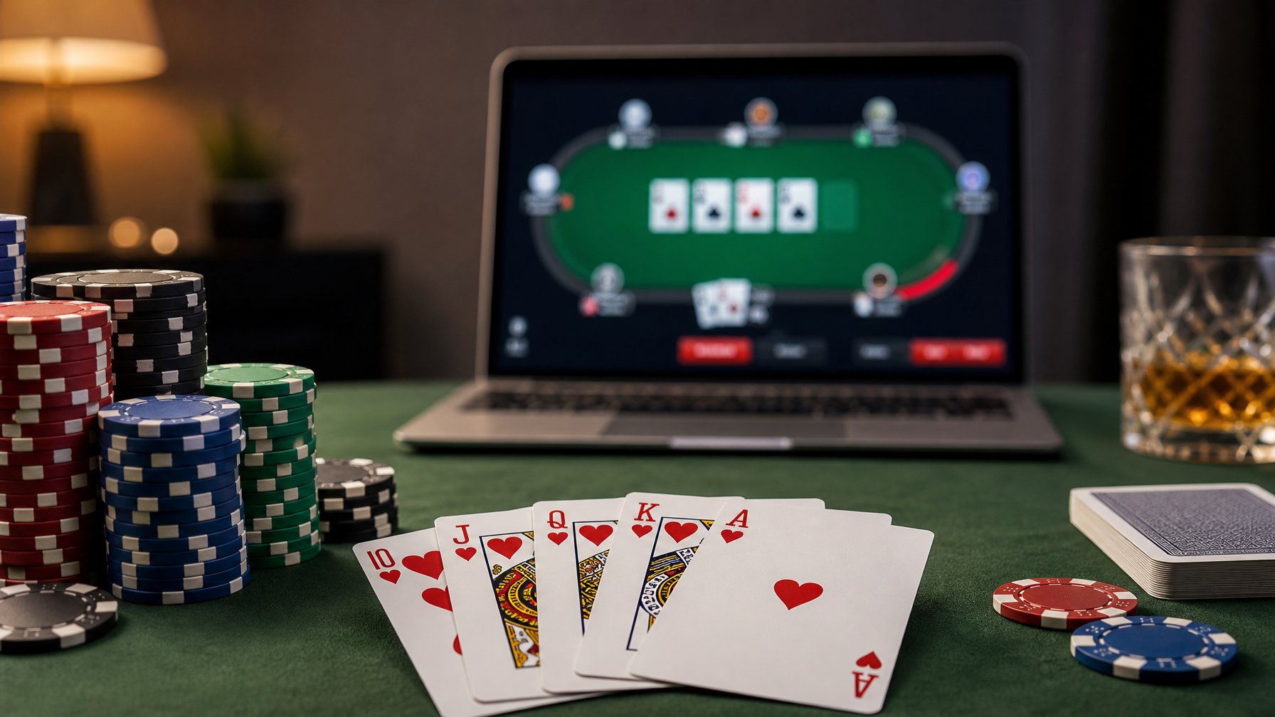 Meja poker dengan kartu dan chip poker tertata rapi, serta layar laptop menampilkan permainan poker online.