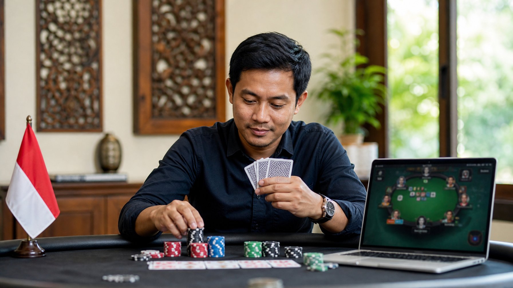 Seorang pria Indonesia duduk di meja poker modern dengan kartu dan chip, melihat layar laptop yang menampilkan platform poker online.