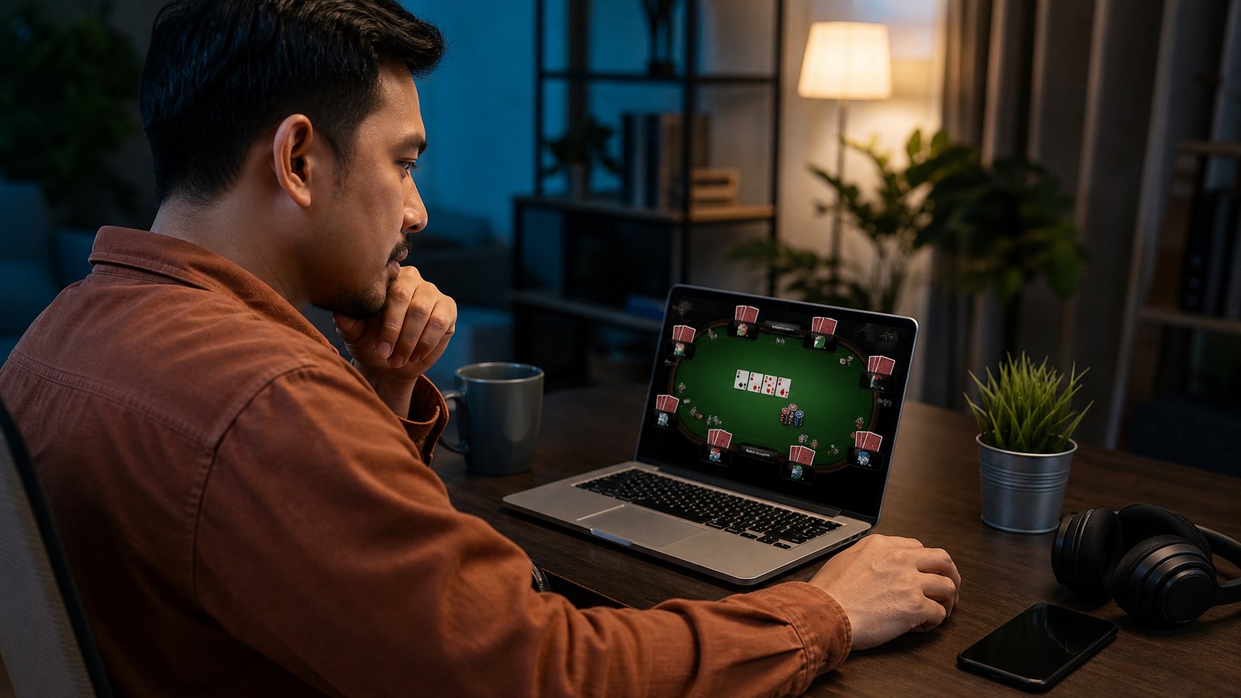 Seorang pria Indonesia sedang fokus bermain poker online di laptop di lingkungan rumah yang nyaman.