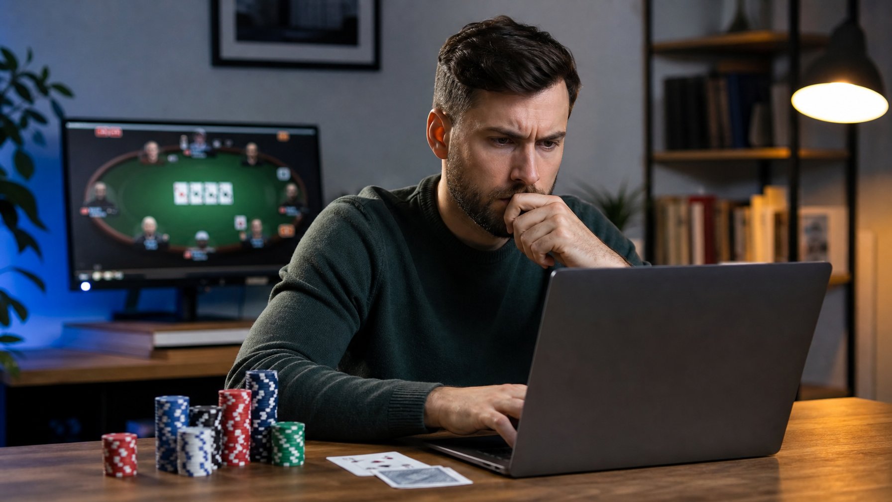 Seorang pria muda fokus bermain poker online di depan laptop di ruang kerja rumah yang modern.