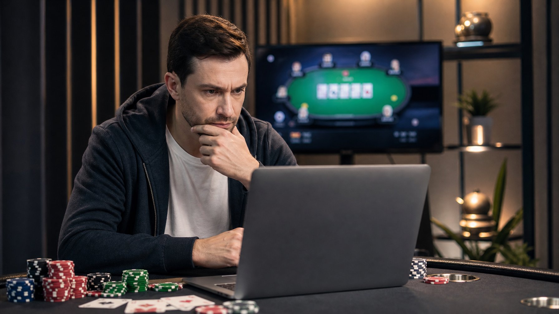 Seorang pria dewasa duduk di meja poker dengan laptop, fokus memperhatikan kartu dan chip poker di sekitarnya.
