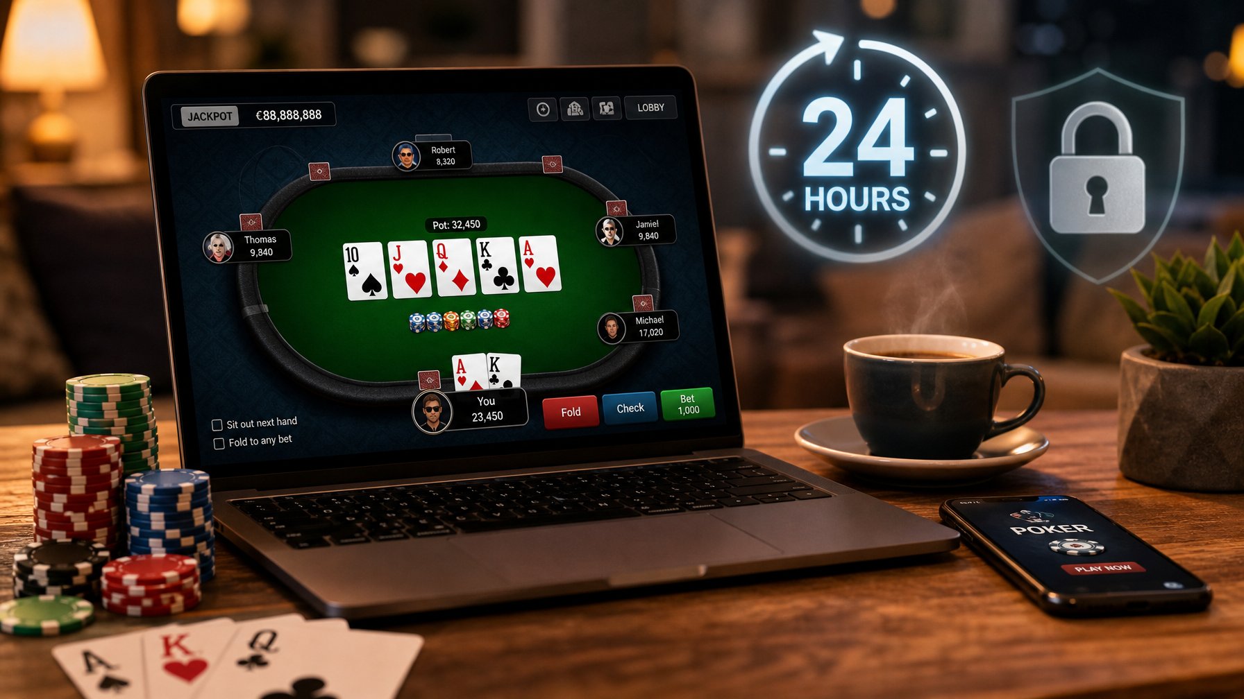 Seorang pemain poker online menggunakan laptop dengan chip poker dan kartu di meja, di ruangan yang nyaman dengan kopi dan ponsel di sampingnya.