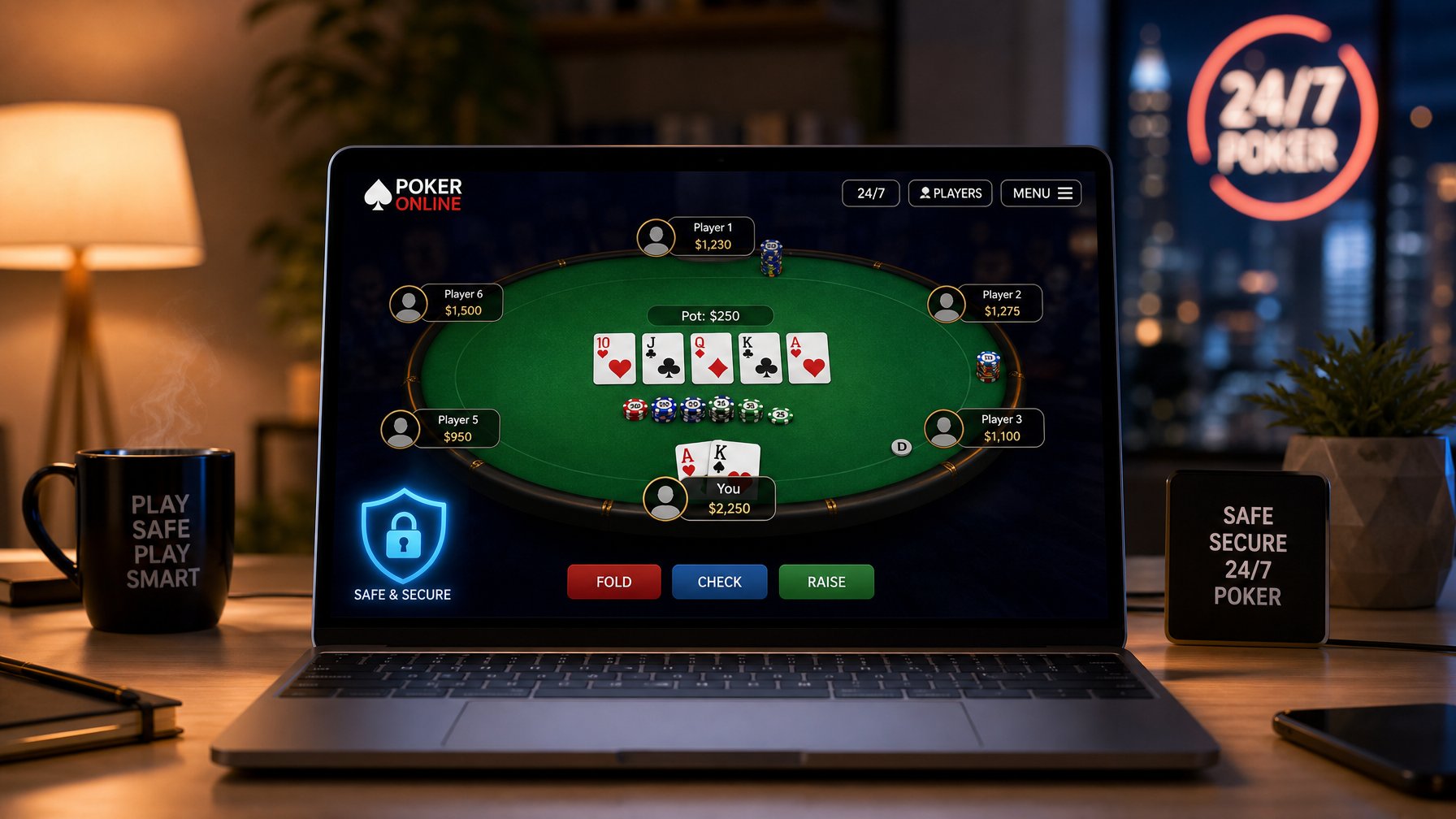 Seorang pengguna sedang bermain poker online di laptop dengan suasana nyaman dan aman di meja kerja.