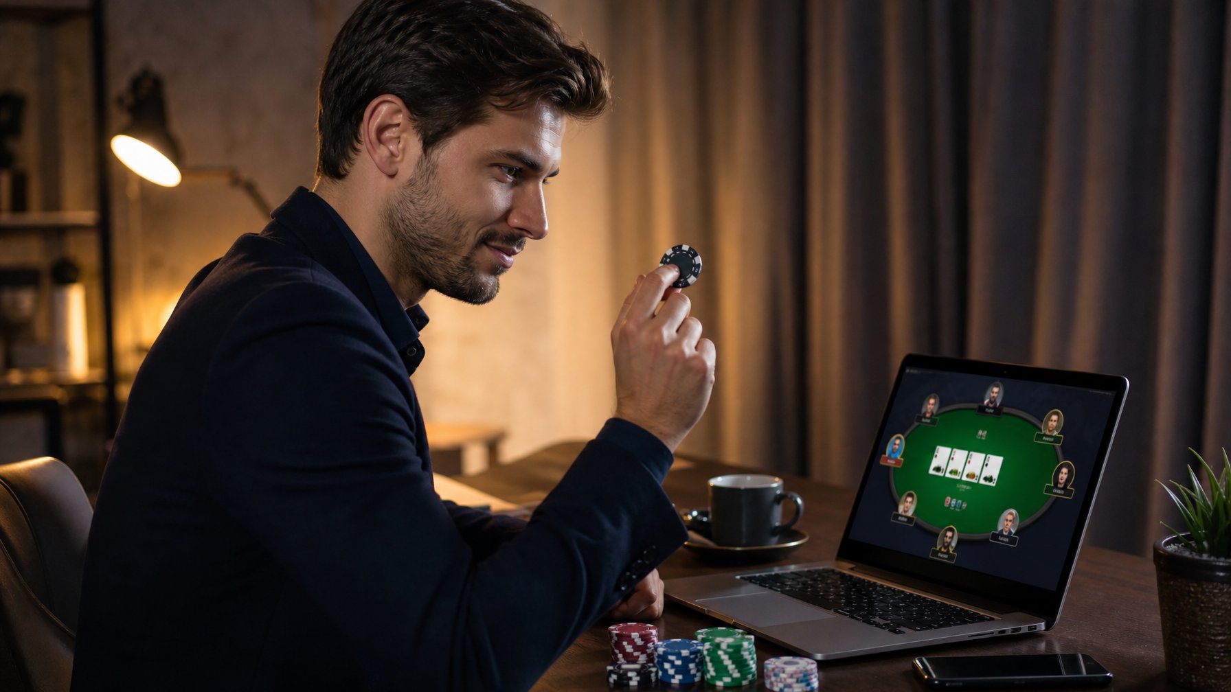 Seorang pria muda duduk di depan laptop memainkan poker online dengan ekspresi fokus dan percaya diri.