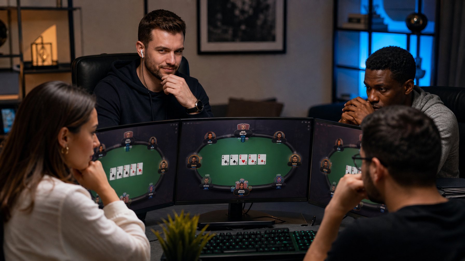 Beberapa pemain poker online serius bermain di depan layar komputer dengan suasana fokus dan tegang.