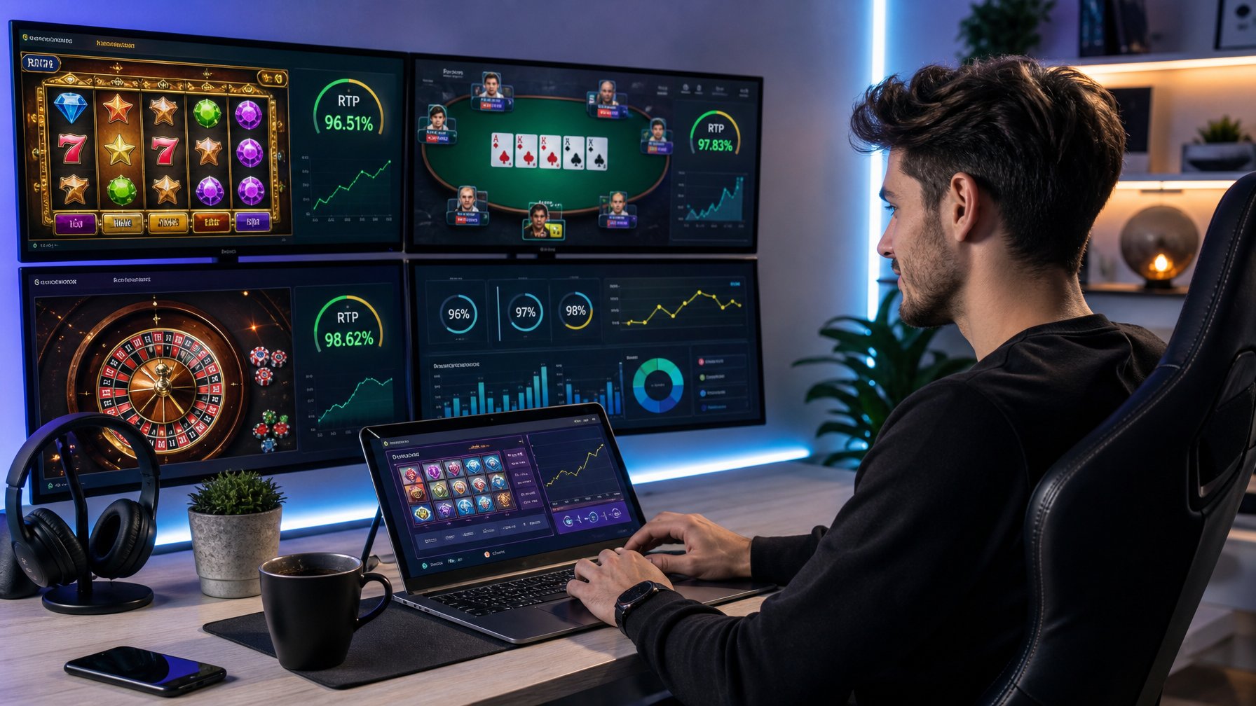 Seorang pemula bermain kasino online di rumah dengan beberapa layar menampilkan permainan kasino dan grafik RTP tinggi.