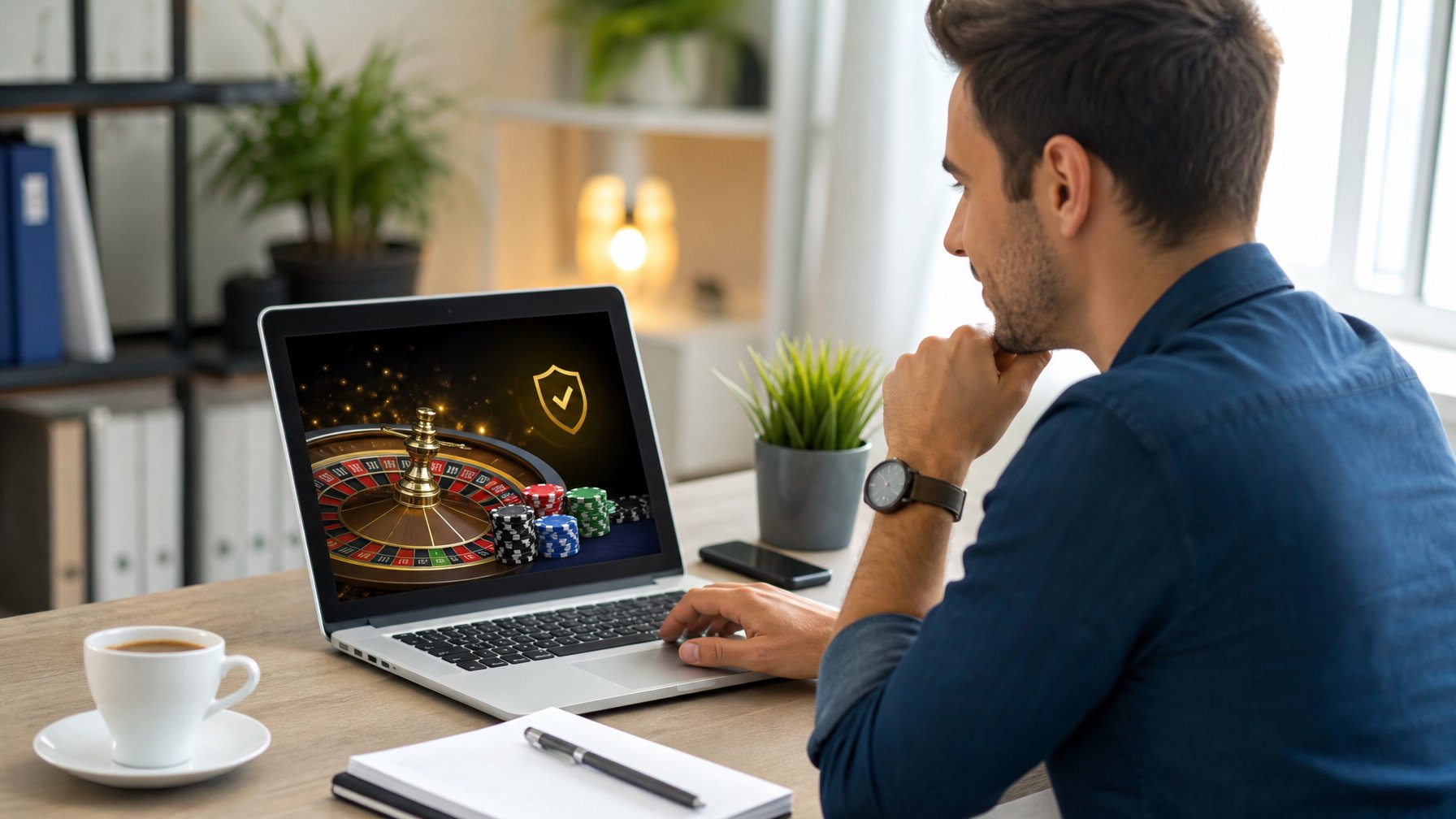 Seorang dewasa muda sedang menggunakan laptop di ruangan modern dengan elemen simbol judi online di layar, menunjukkan suasana fokus dan aman.