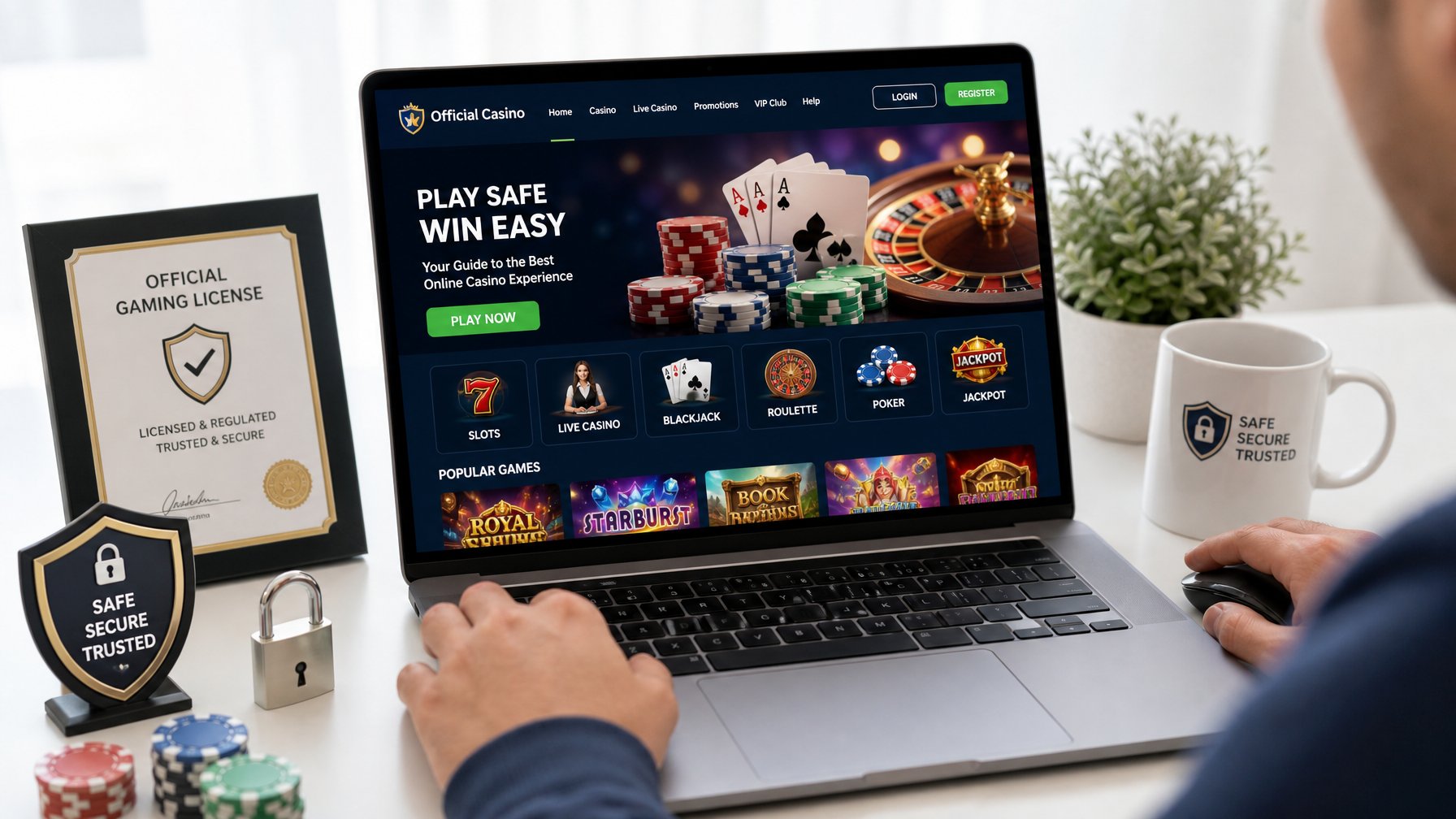 Seseorang menggunakan komputer dengan tampilan situs casino online resmi yang aman dan mudah digunakan, dengan simbol keamanan di sekitar.