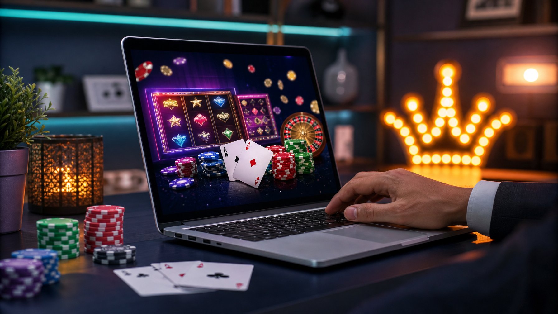 Seseorang menggunakan komputer dengan tampilan permainan kasino online dan chip poker di meja.