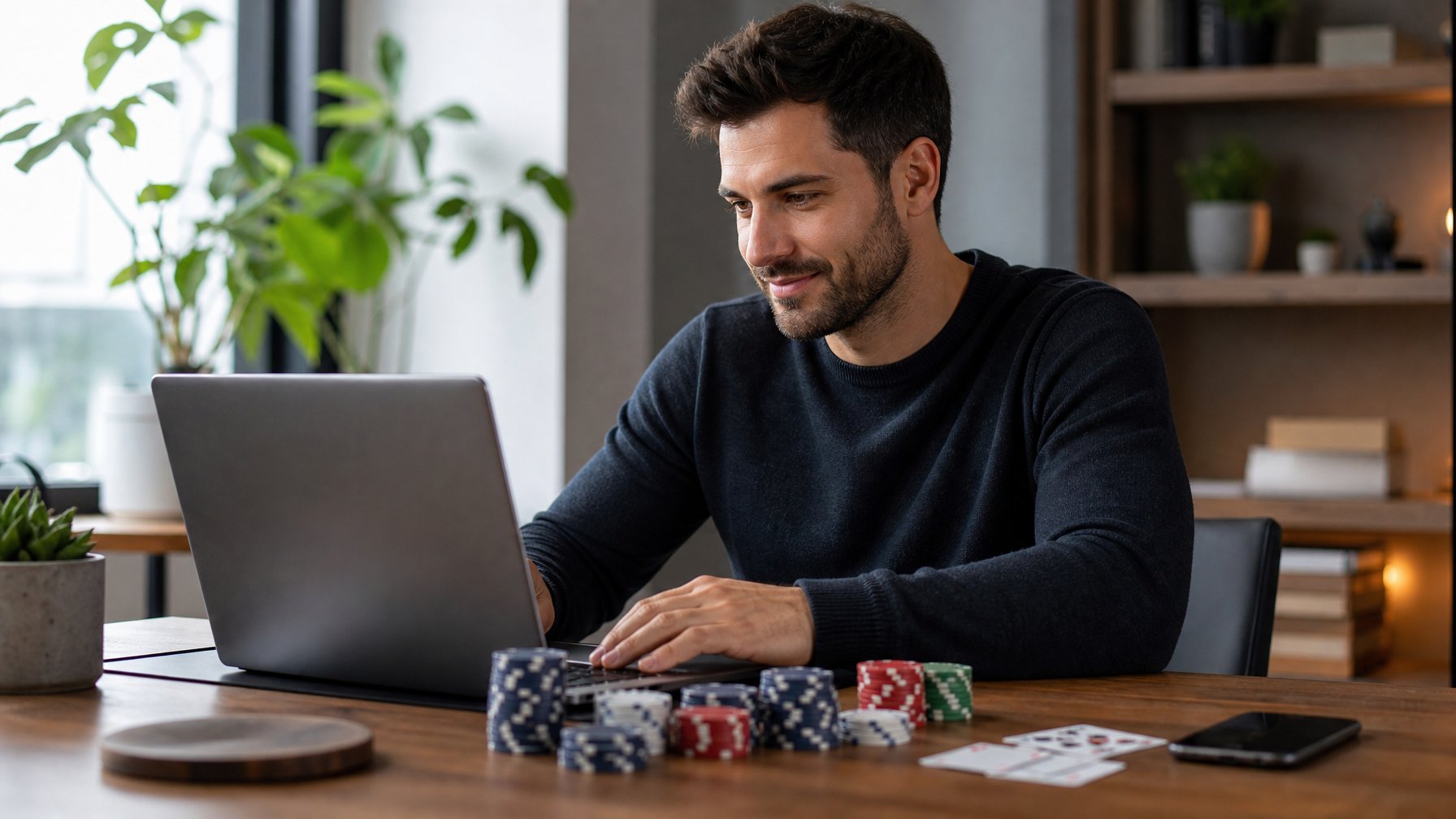 Seorang dewasa muda bermain permainan kasino online di laptop di meja kayu dengan chip poker dan kartu bermain di sekitarnya.