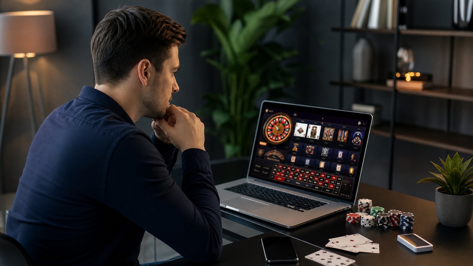 Seseorang duduk di depan laptop dengan tampilan permainan kasino online, dikelilingi kartu dan chip poker, terlihat fokus dan serius.