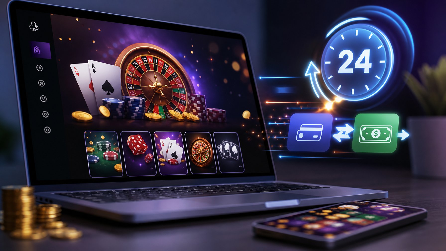 Seseorang menggunakan laptop dengan tampilan antarmuka kasino online yang menunjukkan proses deposit dan penarikan cepat.