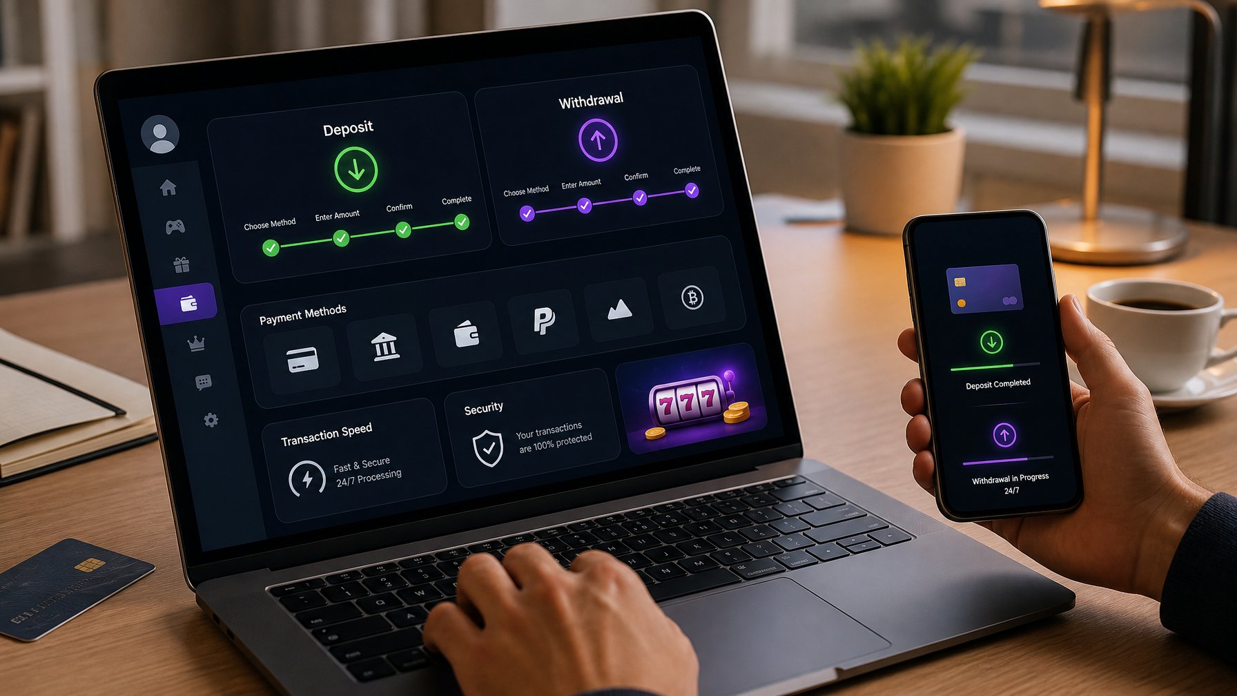 Seseorang menggunakan laptop dan ponsel di meja kerja dengan tampilan antarmuka deposit dan penarikan kasino online di layar.
