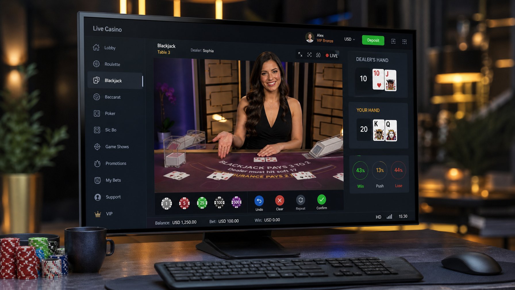 Seorang dealer live casino profesional sedang bermain di depan layar komputer dengan chip poker dan kartu di sekitarnya.