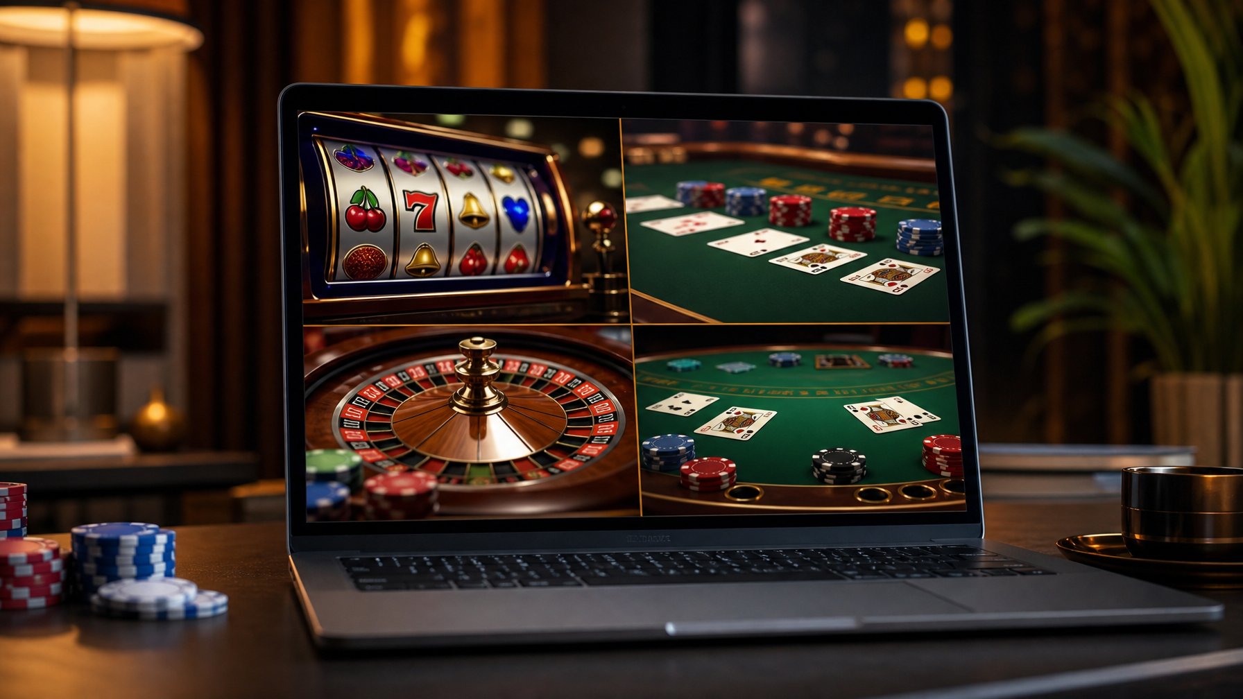 Layar komputer menampilkan permainan kasino online seperti slot, baccarat, roulette, dan blackjack dalam suasana yang elegan dan modern.
