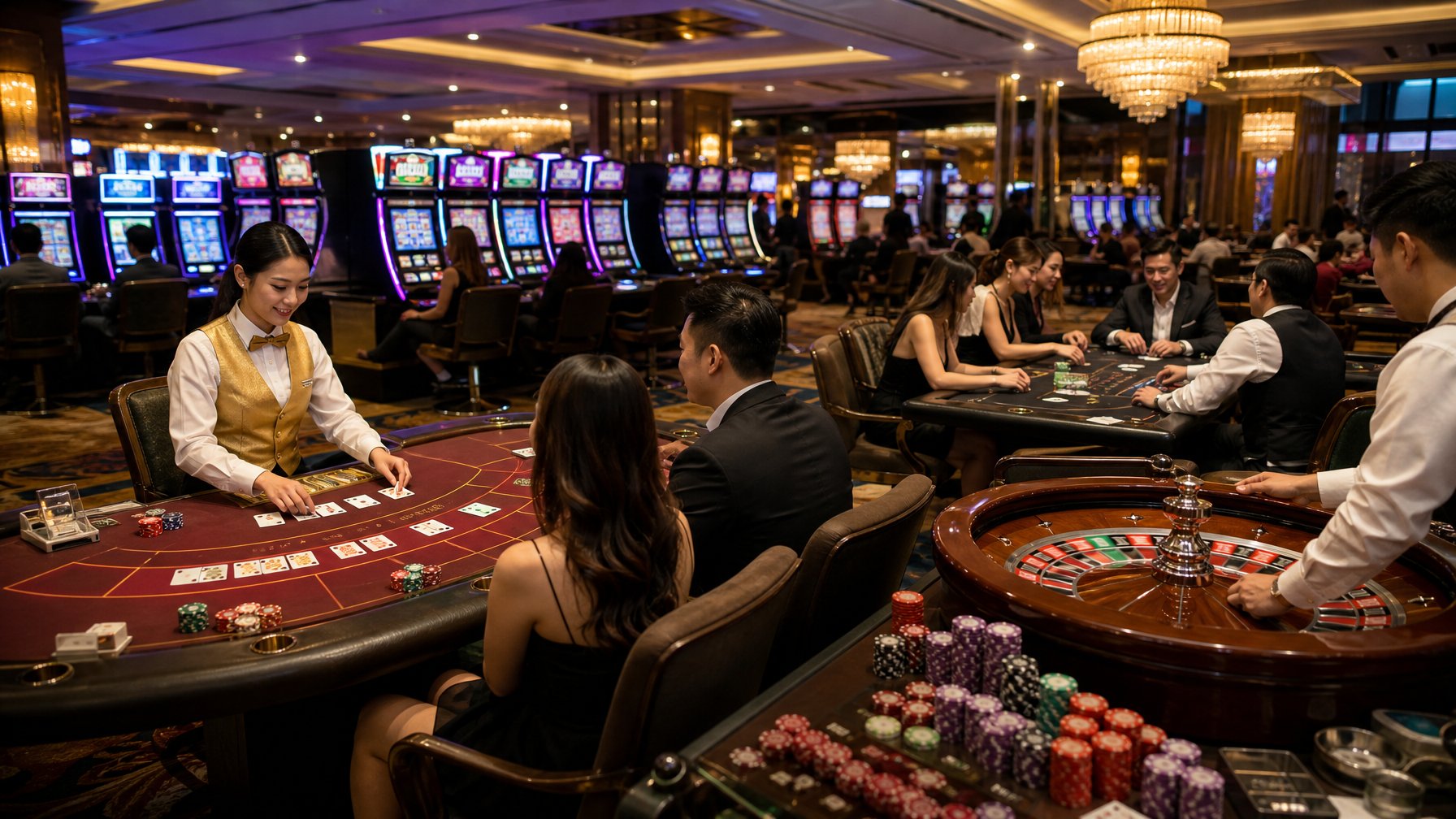 Suasana kasino modern dengan mesin slot, meja baccarat, roda roulette, dan meja blackjack yang ramai dimainkan.