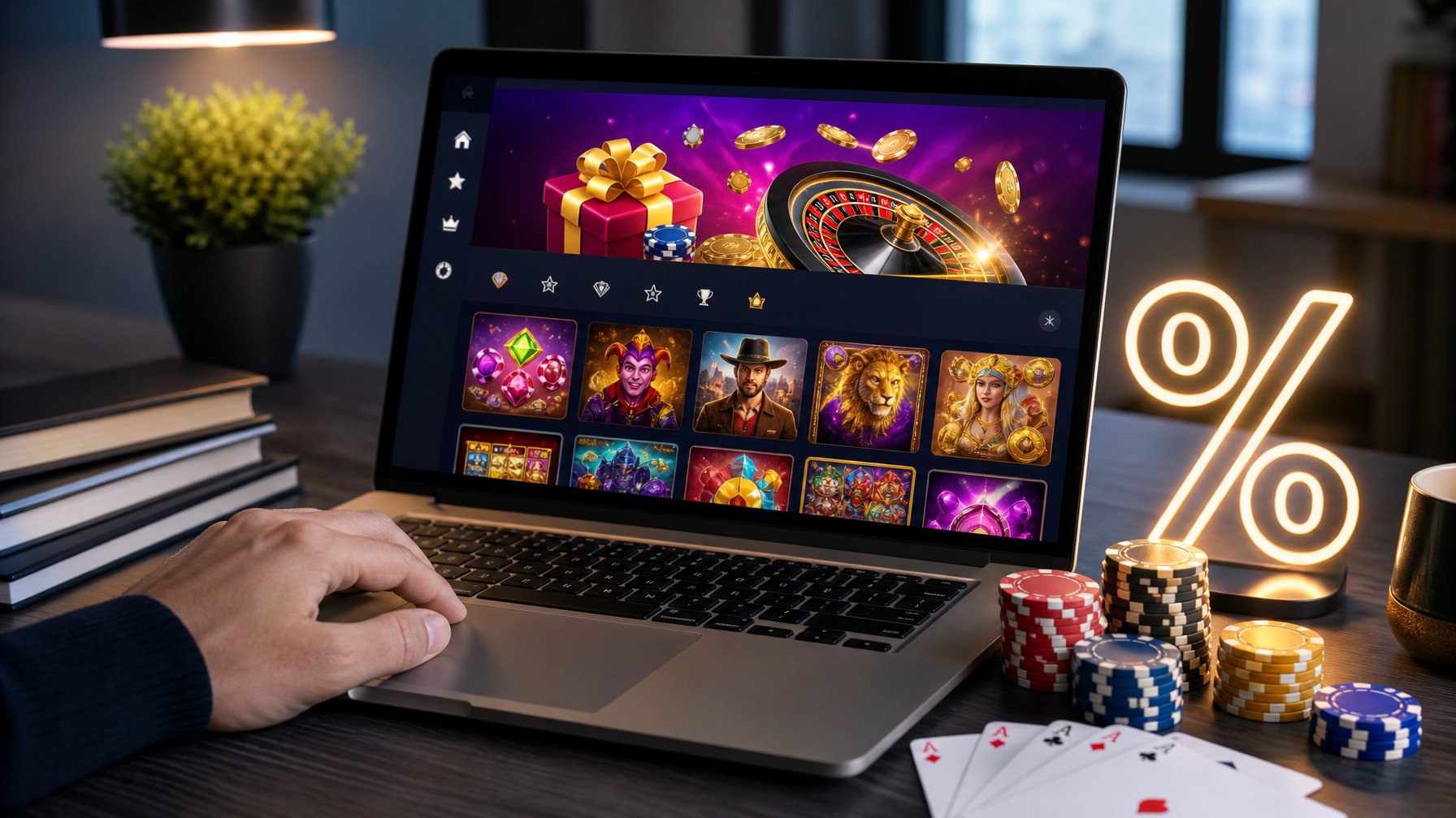 Seorang pengguna bekerja dengan laptop yang menampilkan situs kasino online, dikelilingi oleh chip kasino dan kartu remi.