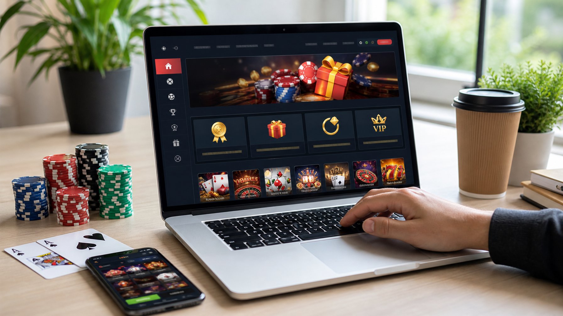 Meja kerja modern dengan laptop yang menampilkan situs casino online, chip poker, kartu bermain, dan smartphone, dengan tangan seseorang menggunakan laptop.