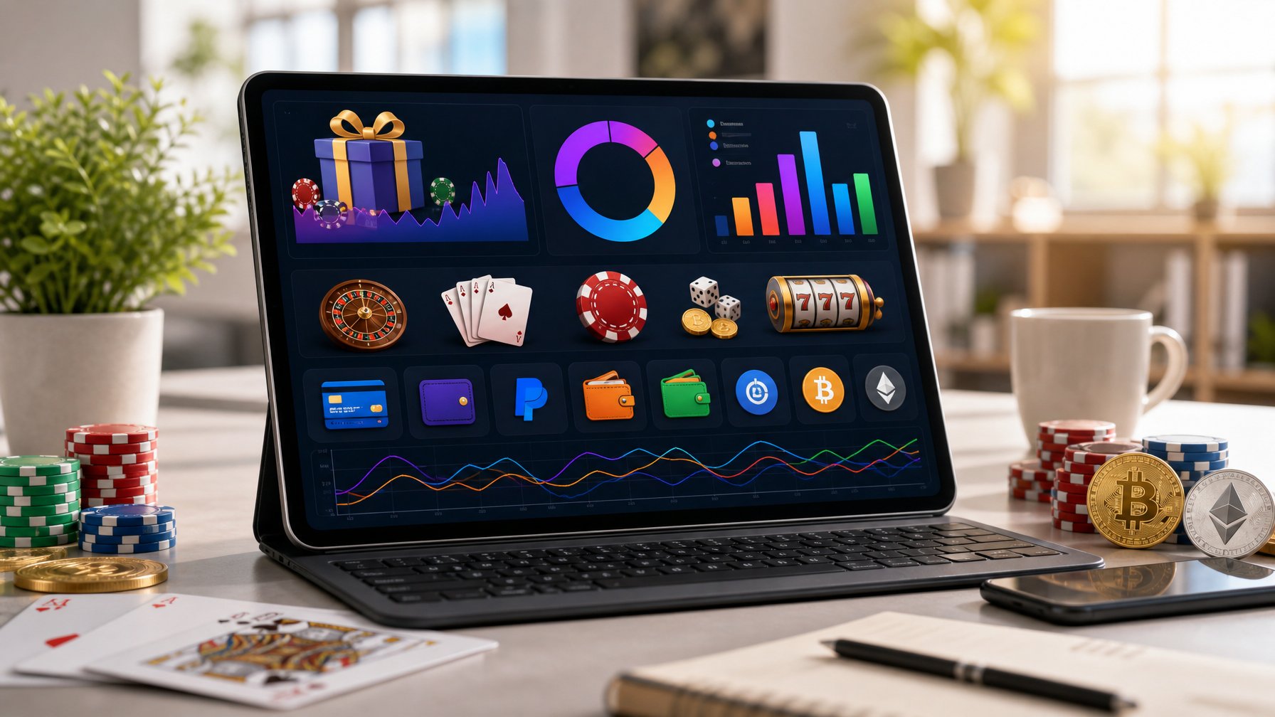Sebuah laptop di meja kerja menampilkan grafik dan ikon terkait bonus, RTP, dan metode pembayaran kasino online dengan latar belakang meja kerja yang rapi dan elemen kasino seperti chip dan kartu.
