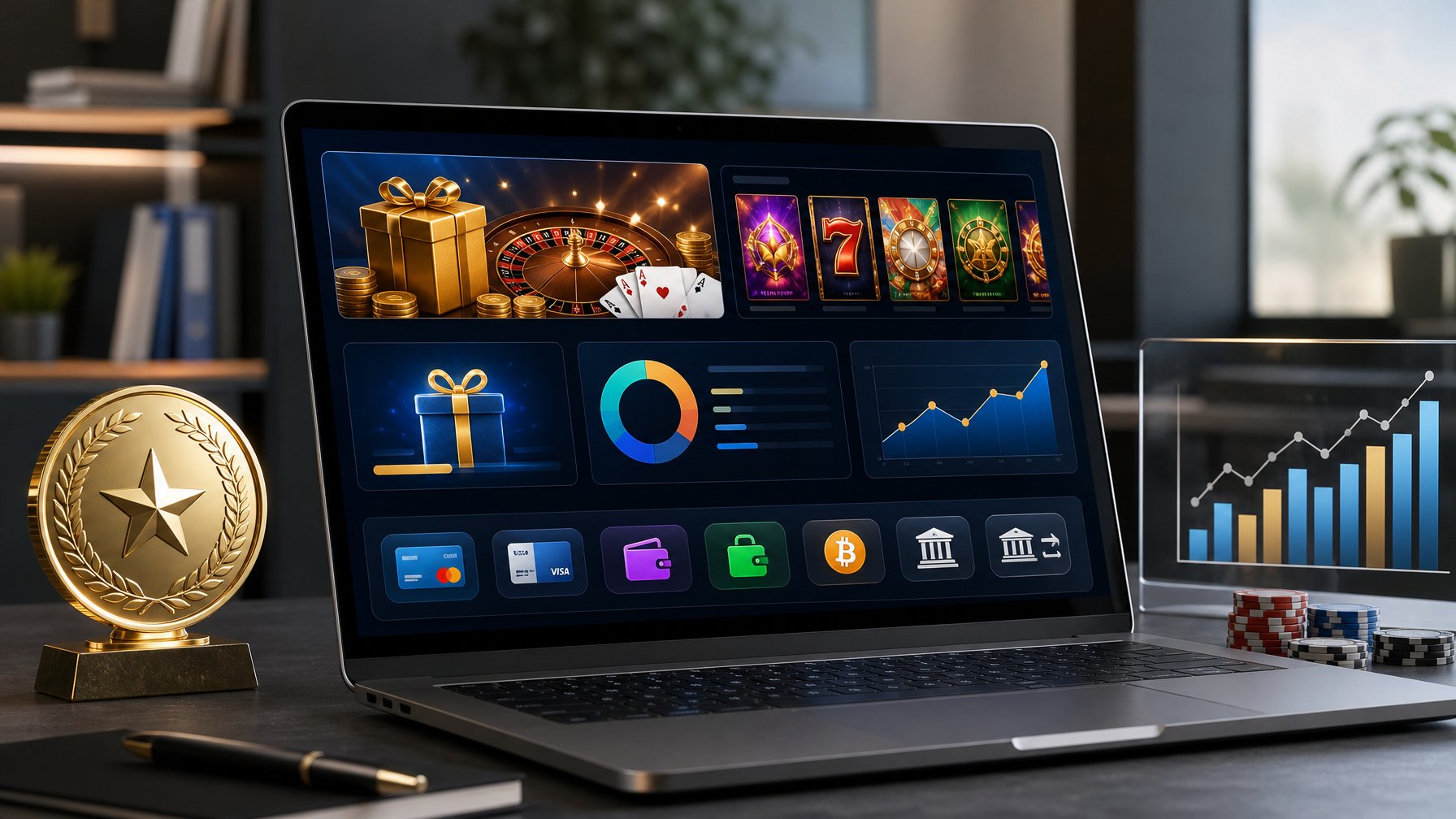 Seorang profesional menggunakan laptop yang menampilkan antarmuka platform casino online dengan ikon bonus, statistik RTP, dan metode pembayaran di lingkungan kantor yang rapi.