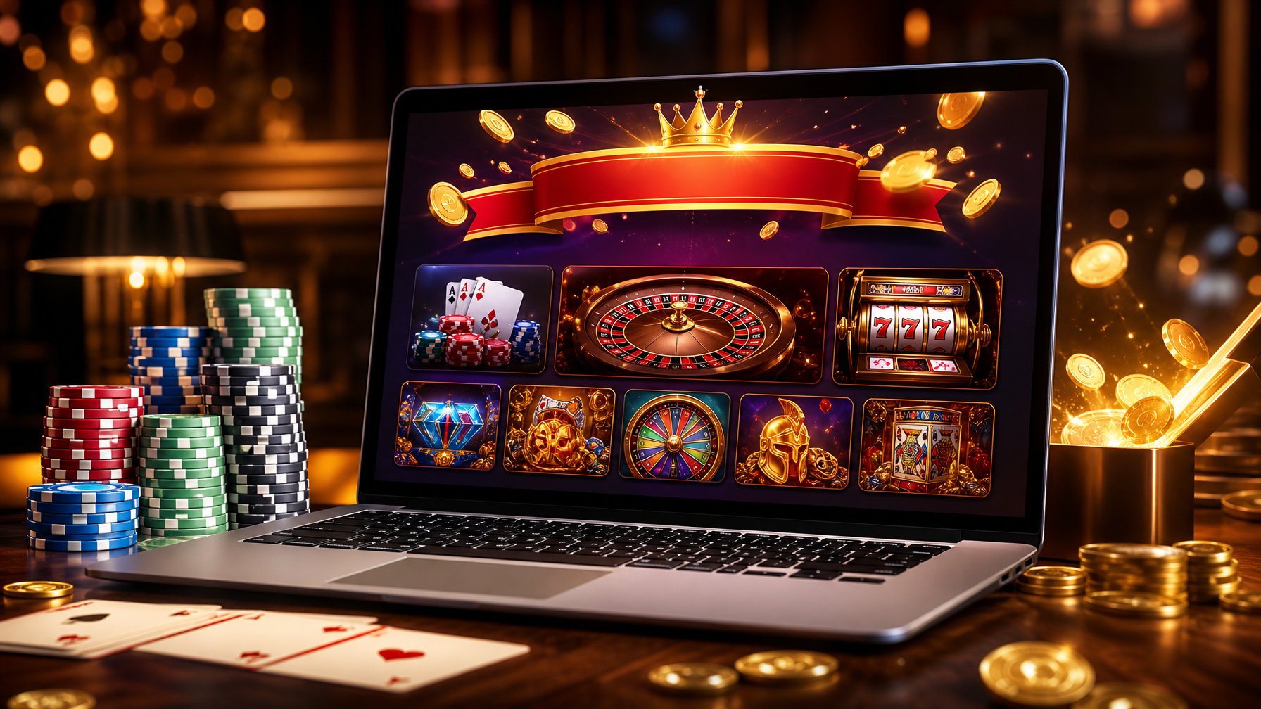 Seorang pengguna sedang bermain kasino online di laptop dengan chip poker dan koin emas di sekitarnya.