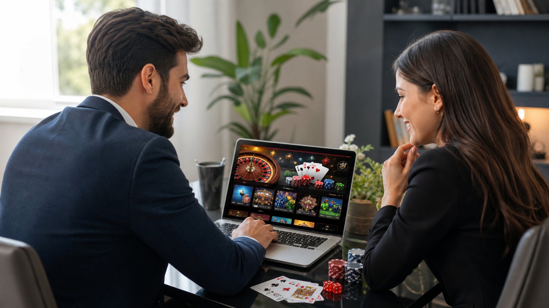 Seorang pria dan wanita muda duduk bersama di meja dengan laptop, terlihat fokus dan senang menggunakan platform kasino online yang aman di ruangan dengan pencahayaan alami.