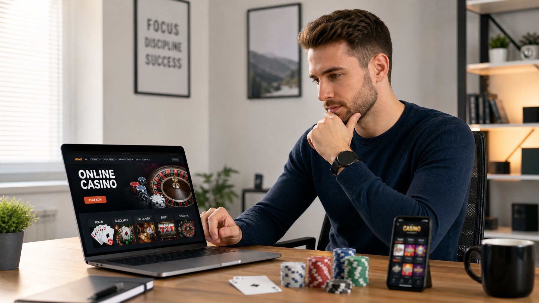 Seorang dewasa muda duduk di meja dengan laptop, sedang mencari situs casino online terpercaya di ruang kerja yang terang dan rapi.