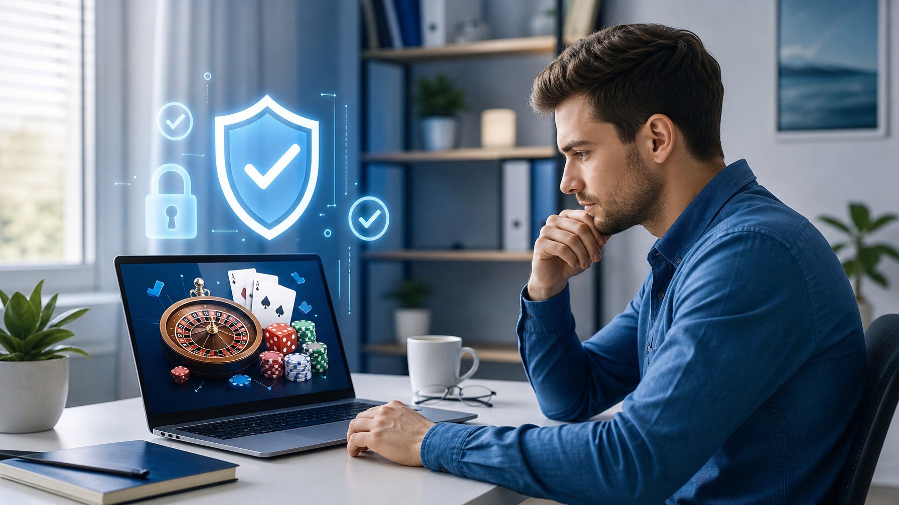 Seorang dewasa muda duduk di depan laptop di ruang kerja modern, fokus menganalisis layar dengan simbol keamanan digital di sekitar laptop.