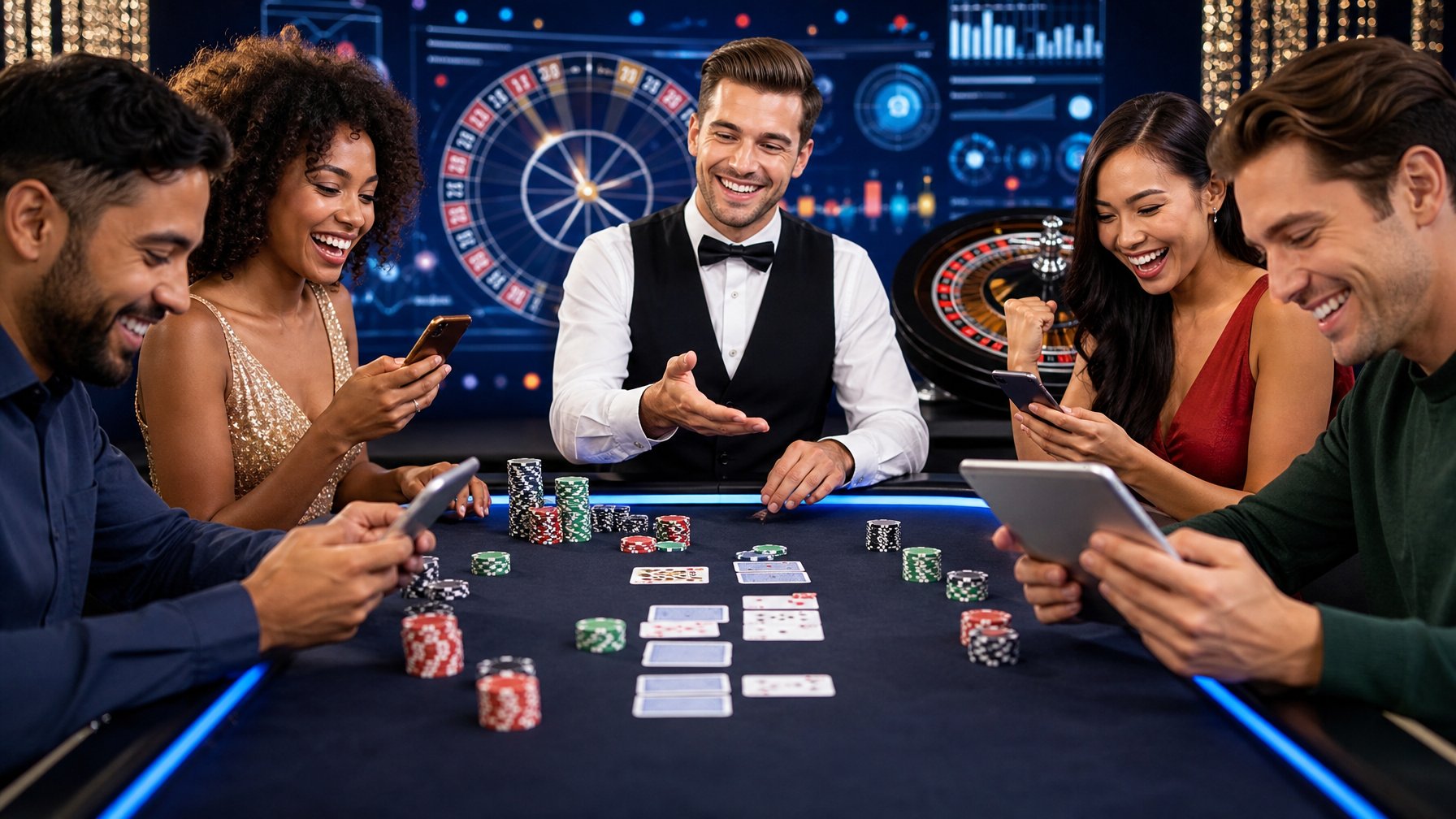 Seorang dealer live casino profesional dengan beberapa pemain yang bermain secara online menggunakan laptop dan ponsel dalam suasana kasino yang modern dan dinamis.