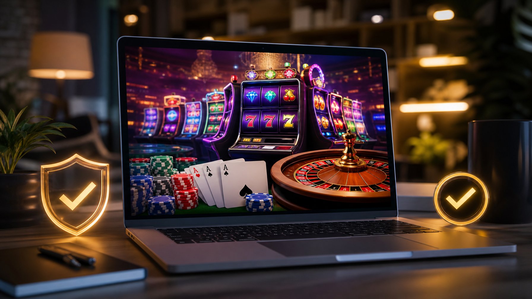 Seorang pemain menggunakan laptop dengan tampilan permainan kasino online berwarna-warni di layar dalam ruangan yang nyaman dan terang.