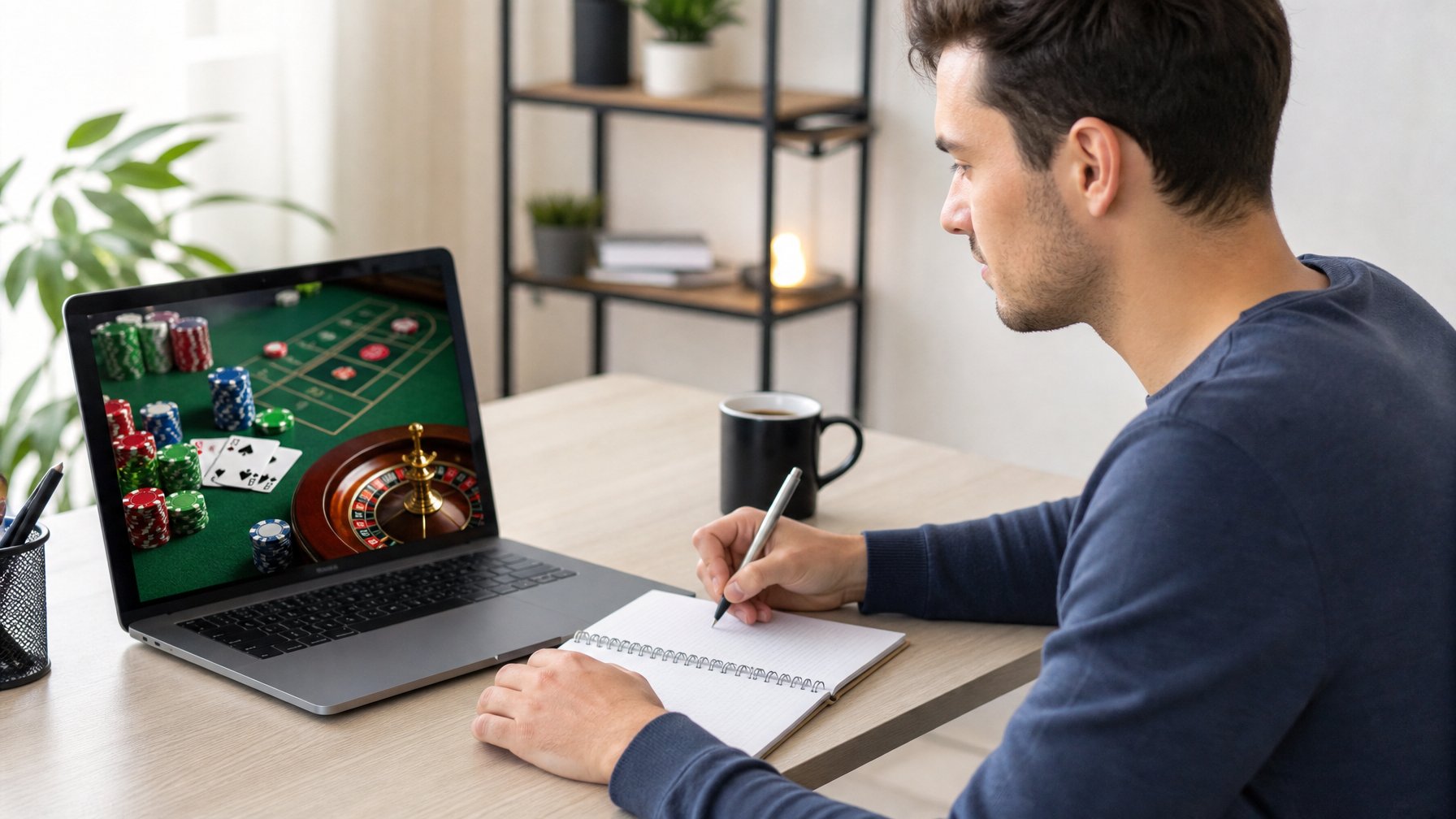 Seseorang duduk di depan laptop dengan tampilan permainan kasino online di layar, sambil mencatat di buku catatan di meja yang rapi.