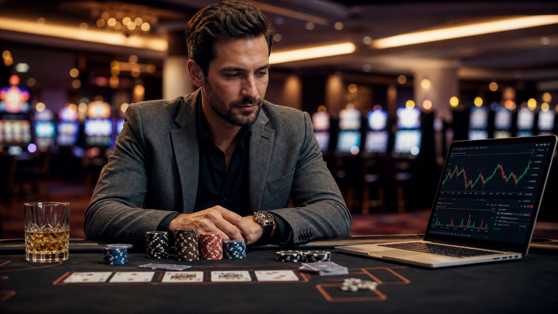 Seorang pria duduk di meja kasino dengan chip poker, kartu, dan laptop yang menampilkan grafik keuangan, fokus pada permainan dan manajemen modal.
