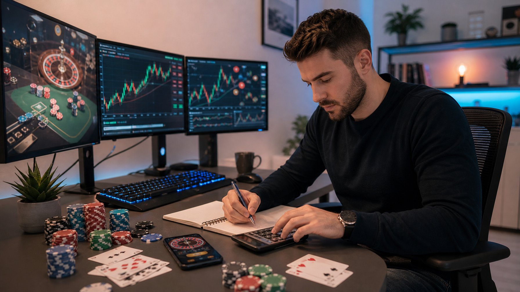 Seorang pria muda duduk di meja dengan beberapa layar komputer menampilkan permainan casino online dan grafik keuangan, sambil menghitung dan mencatat strategi permainan.