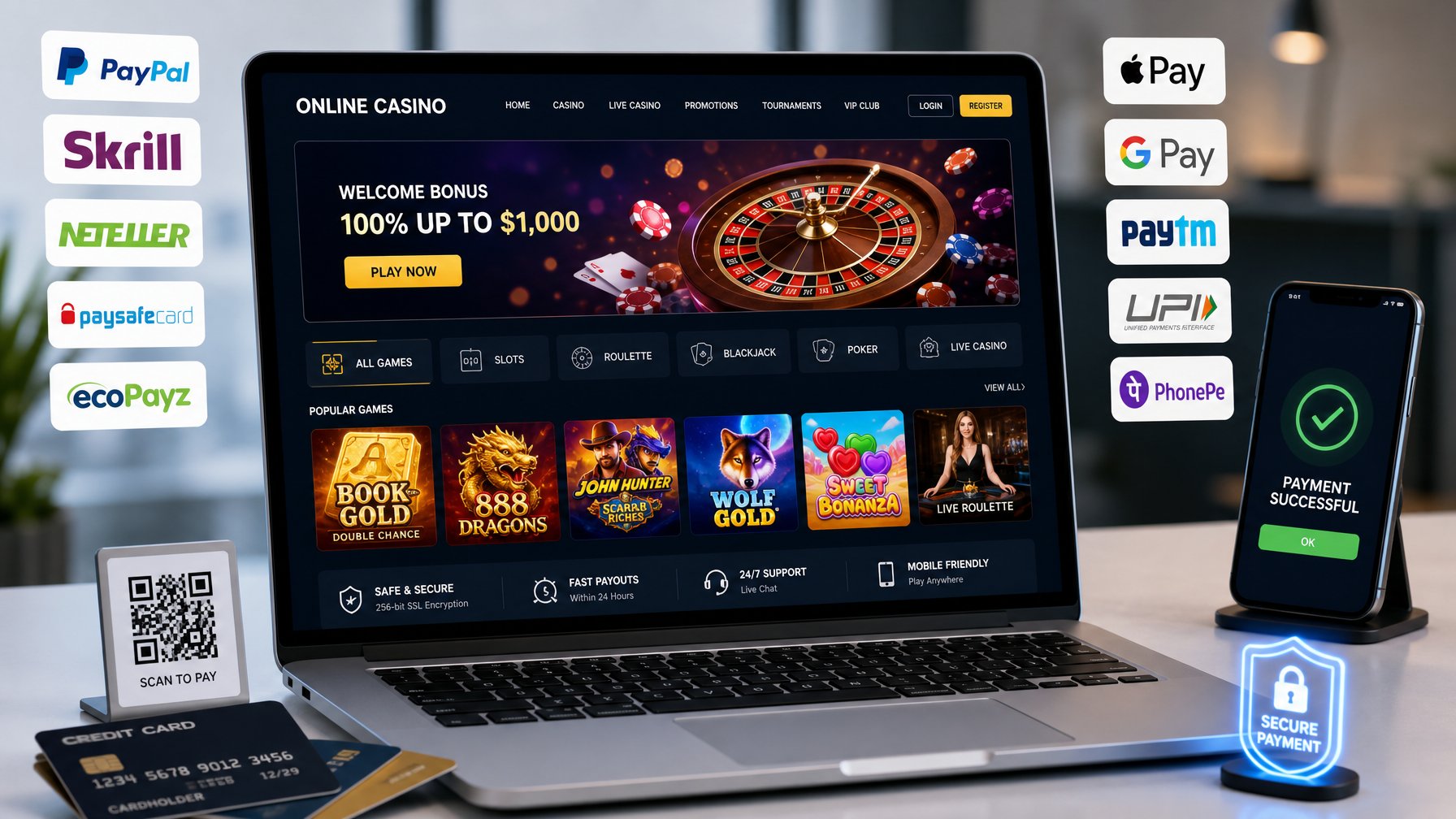 Sebuah layar komputer menampilkan antarmuka kasino online dengan berbagai ikon permainan dan simbol metode pembayaran digital di sekitarnya.
