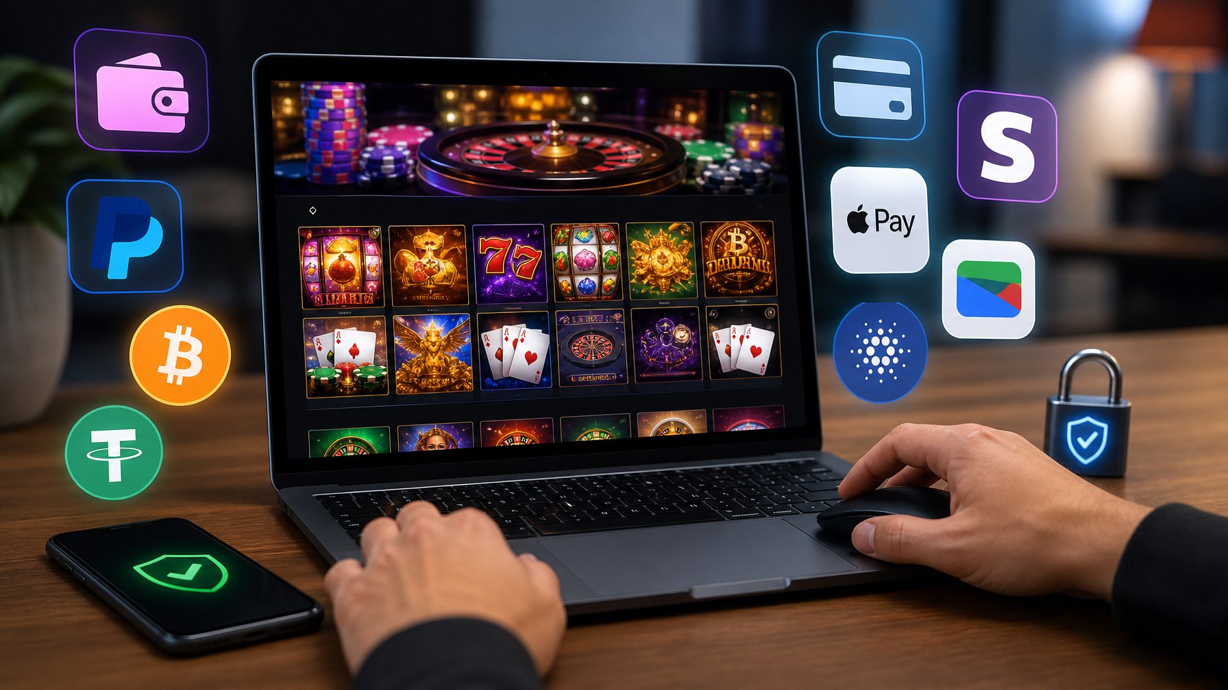 Seorang pengguna sedang berinteraksi dengan komputer yang menampilkan permainan kasino online dan ikon metode pembayaran digital di sekitarnya.