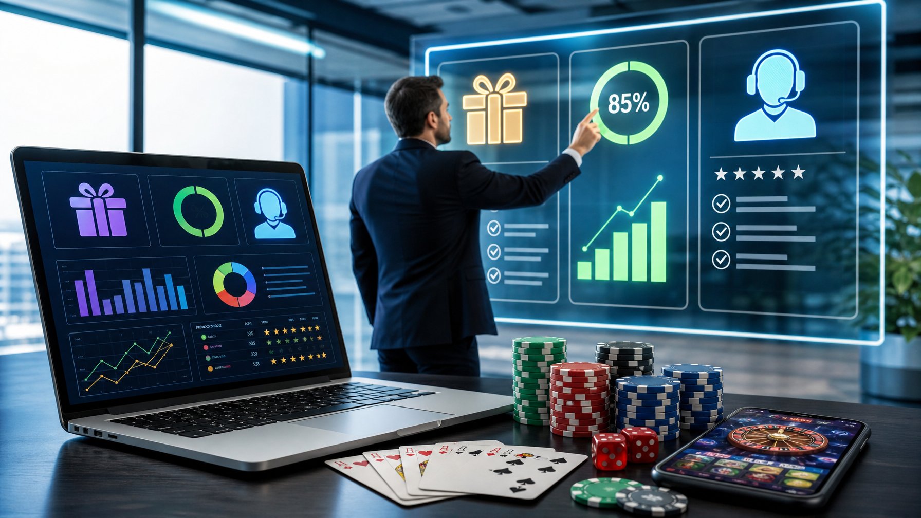 Seorang profesional sedang menganalisis data kasino online di depan laptop dan layar digital dengan grafik dan simbol terkait bonus, RTP, dan layanan pelanggan.