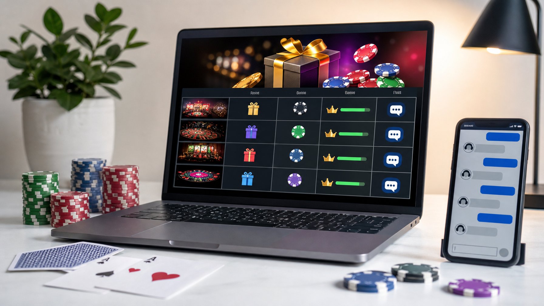 Meja kerja modern dengan laptop yang menampilkan antarmuka situs casino online, dikelilingi chip poker, kartu remi, dan ponsel dengan layar obrolan layanan pelanggan.