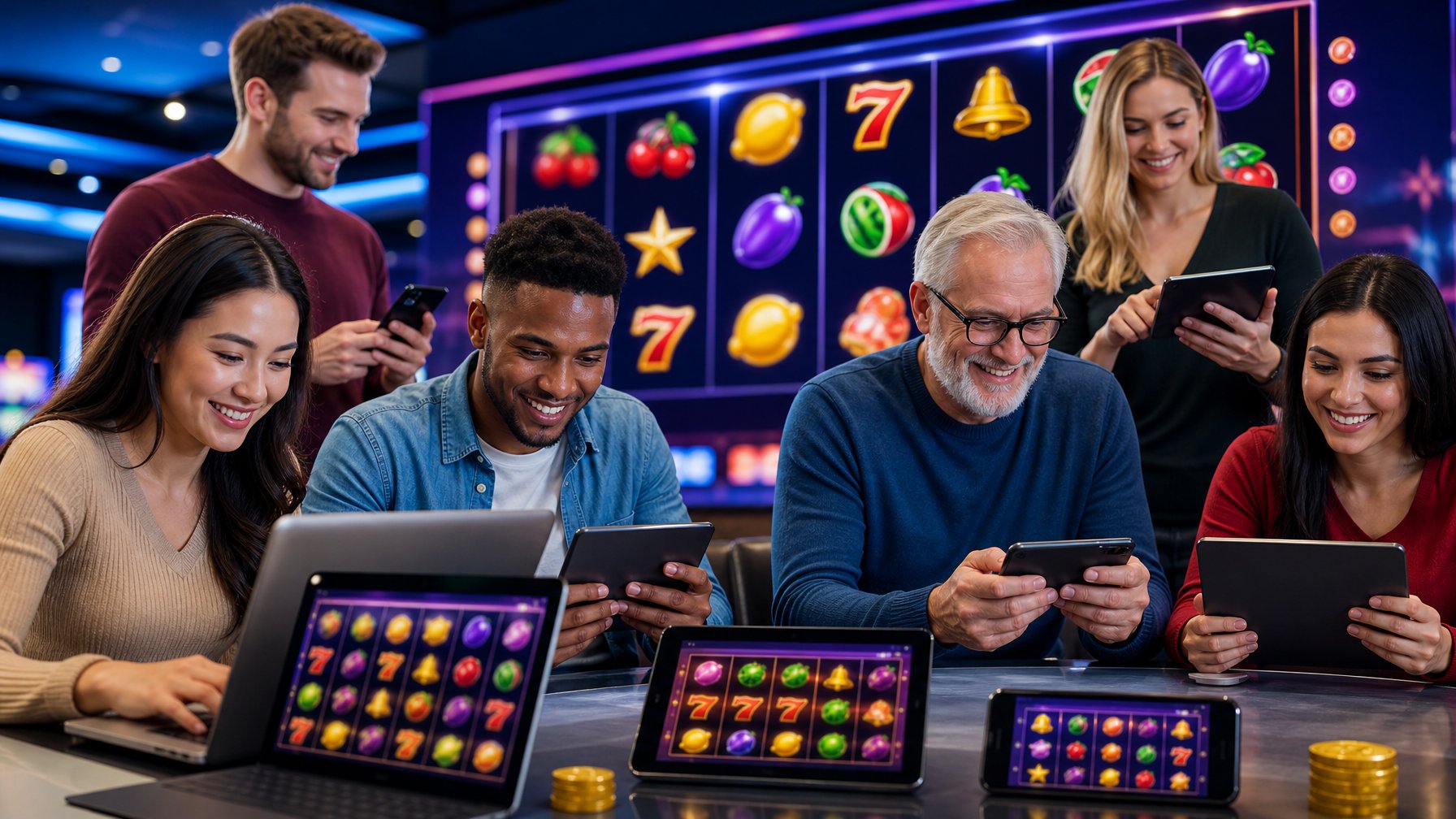 Sejumlah orang bermain permainan slot online menggunakan berbagai perangkat di ruangan modern dengan layar berwarna cerah menampilkan simbol slot.