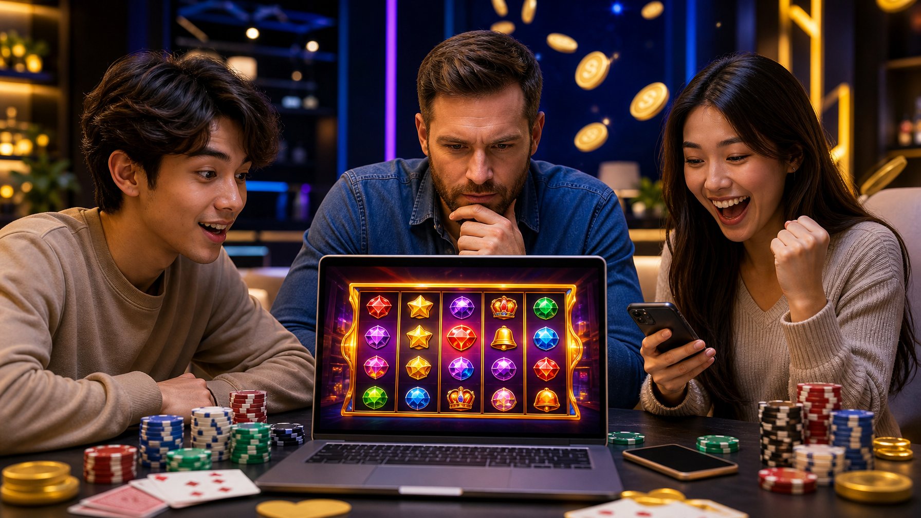Beberapa orang dengan latar belakang permainan slot online di layar komputer, menunjukkan pemain pemula hingga profesional dalam suasana permainan.