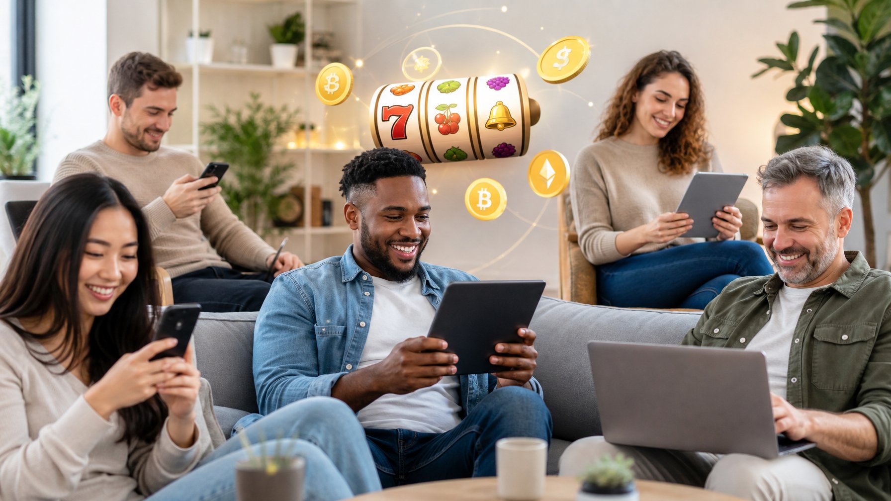 Sekelompok orang dari berbagai latar belakang bermain permainan slot online menggunakan perangkat digital di ruangan yang nyaman dan modern.