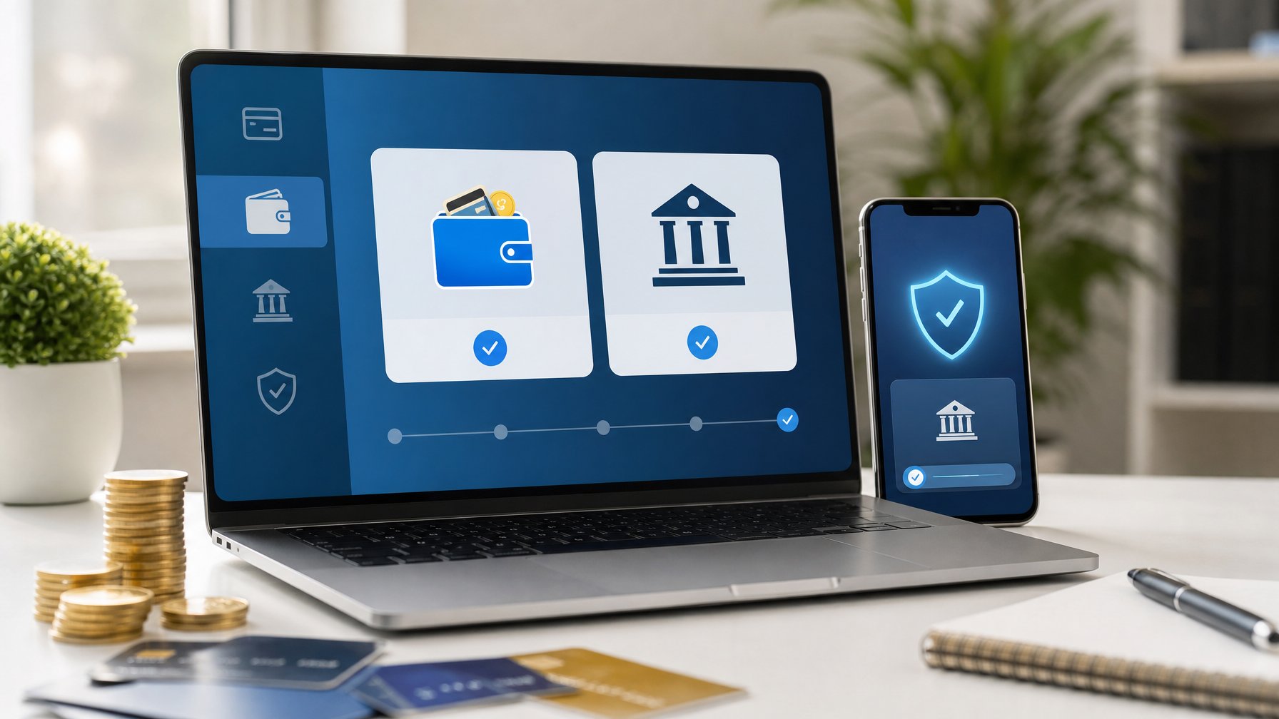 Seseorang menggunakan laptop dengan tampilan antarmuka pembayaran digital yang menampilkan opsi e-wallet dan transfer bank di lingkungan kantor yang bersih dan terang.