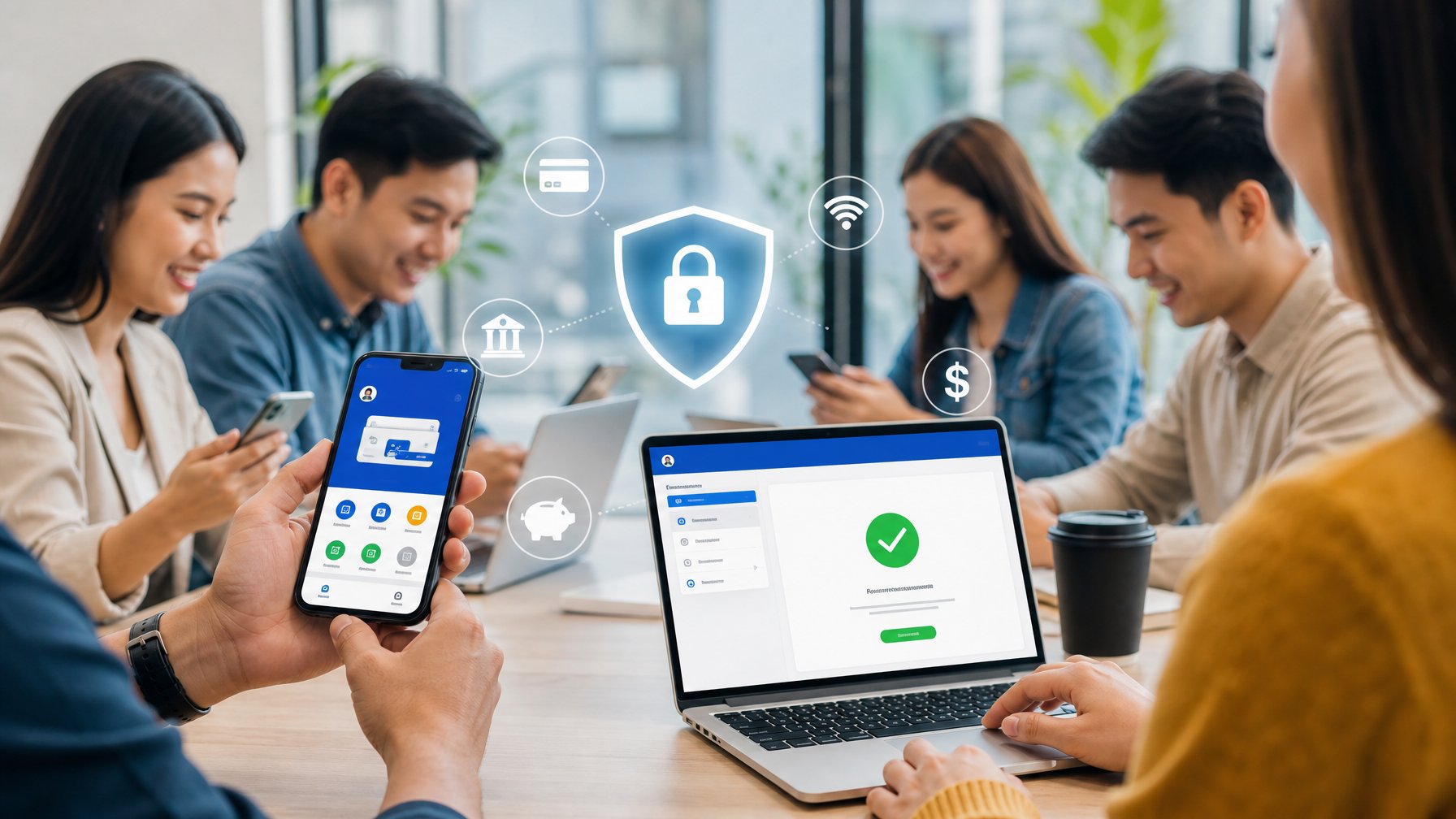 Sekelompok orang muda menggunakan ponsel dan laptop untuk melakukan transaksi keuangan digital dengan e-wallet dan transfer bank di kantor modern.