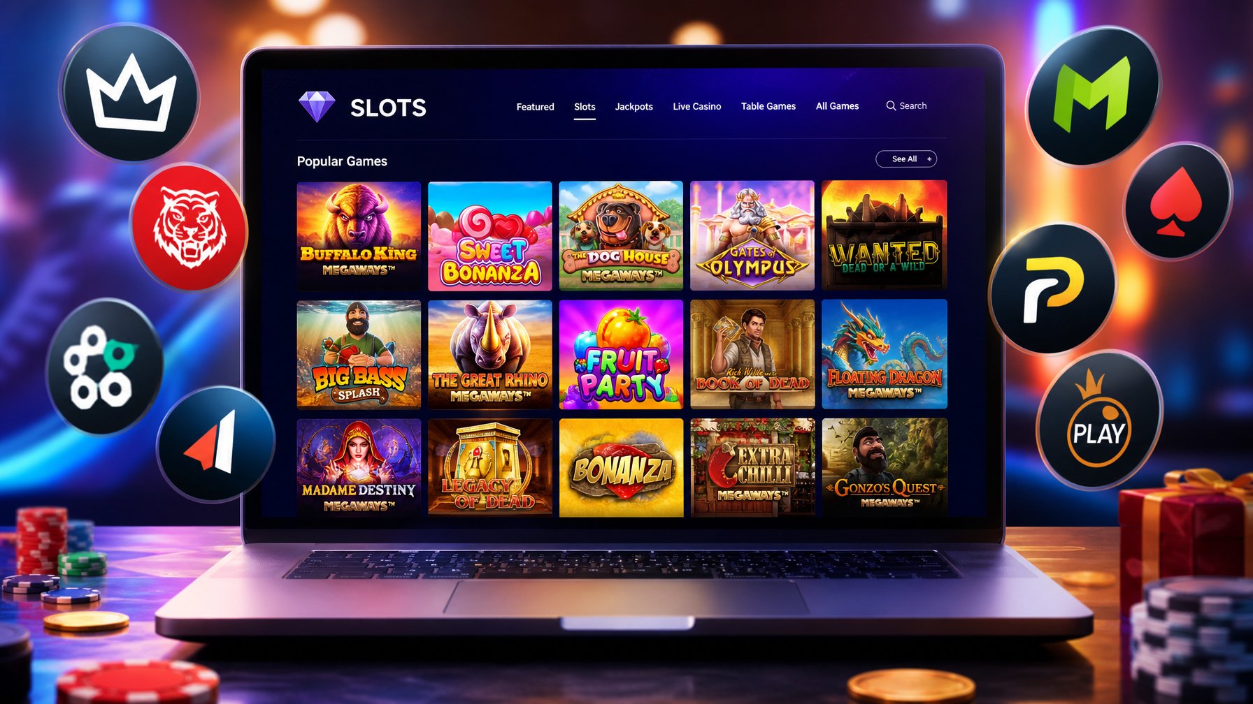 Layar komputer menampilkan permainan slot online dengan berbagai pilihan game dan ikon penyedia populer di sekitarnya.