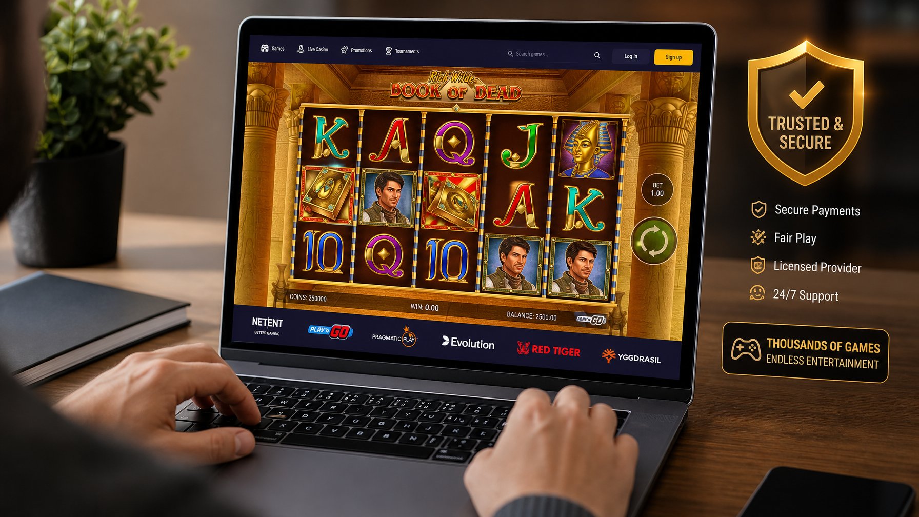 Seseorang bermain permainan slot online di komputer dengan tampilan permainan yang berwarna-warni dan latar belakang yang bersih.