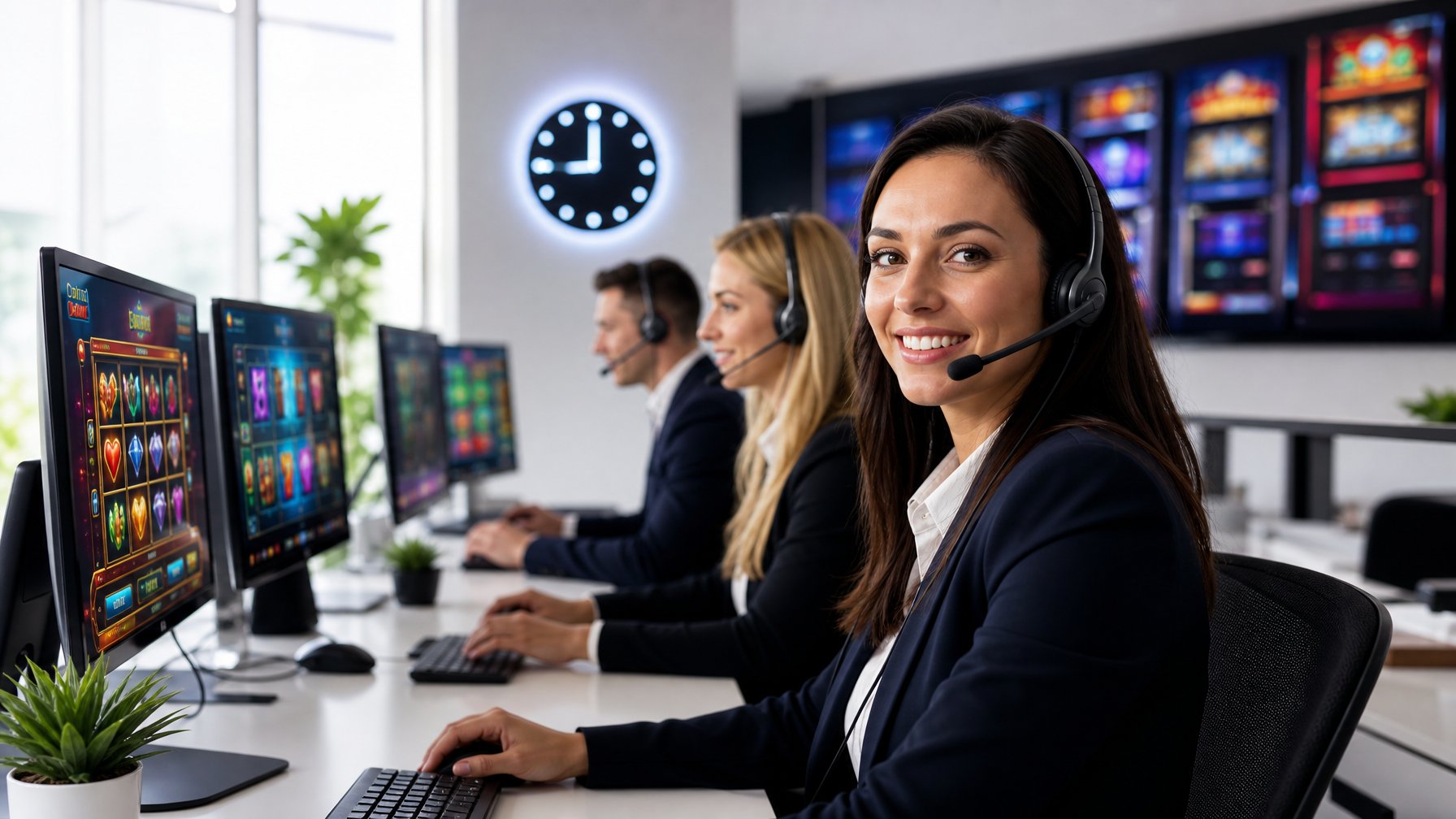 Tim layanan pelanggan yang ramah sedang bekerja di kantor dengan komputer dan layar permainan slot online.