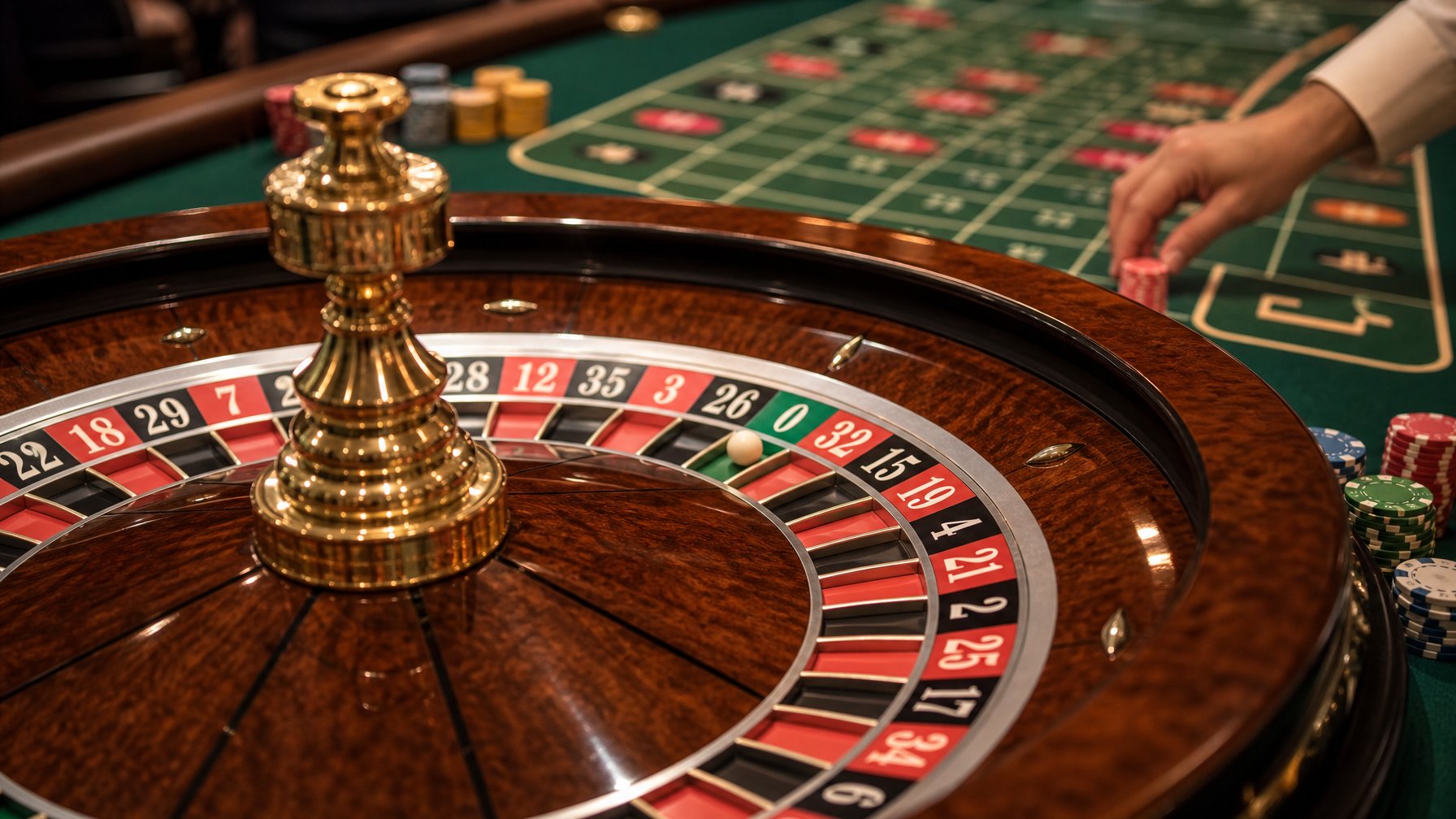Meja roulette Prancis dengan roda roulette dan tangan pemain yang meletakkan chip pada area taruhan La Partage.