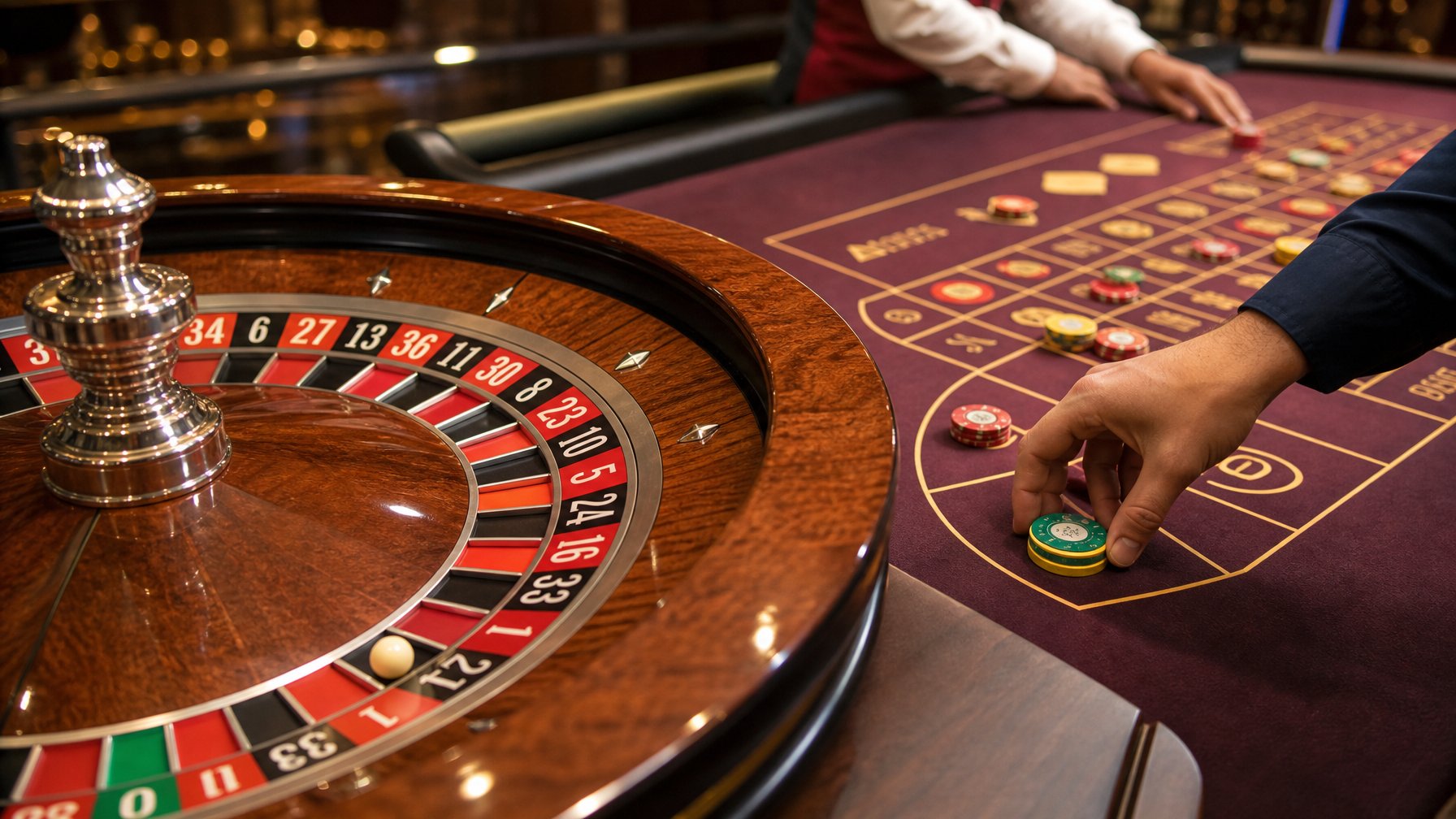 Meja roulette Prancis dengan roda roulette dan tangan pemain yang meletakkan chip pada area taruhan La Partage di kasino.